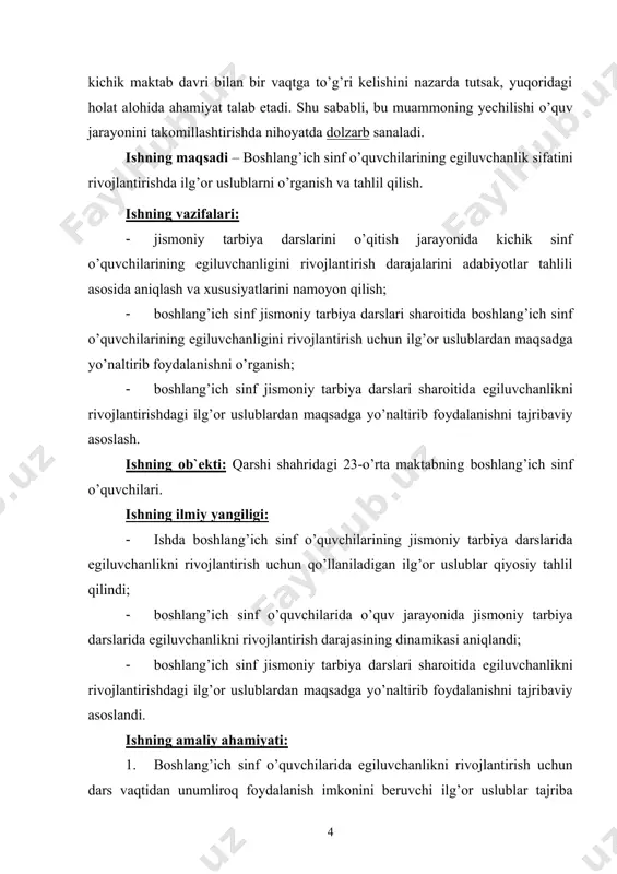 rivojlantirishga yo’naltirilgan samarali faoliyat uchun zarur bo’lgan funksional asosni yuzaga keltirishga mo’ljallanadi. u maxsus yo’nalishga ega bo’lib, quyidagi vazifalarni hal etishga qaratilgan: 3) sportchining tanlangan sport turiga xos harakat faoliyatlarida namoyon bo’ladigan funksional imkoniyatlarini rivojlantirish; 4) organizmning yuqori darajadagi maxsus yuklamalarga chidamliligi qobiliyatini takomillashtirish; 5) tiklanish jarayonlarining kechish shiddatini orttirish [11]. yosh sportchilarning maxsus jismoniy tayyorgarligi (mjt) tanlangan sport turi bo’yicha musobaqa faoliyatining xususiyatlari qo’yadigan talablarga qatiy rioya qilgan holda jismoniy qobiliyatlarni rivojlantirishga qaratilgan. yosh sportchilarni maxsus jismoniy tayyorlash quyidagi vazifalarni hal etadi: 1) tanlangan sport turi uchun xos bo’lgan jismoniy qobiliyatlarni takomillashtirish; 2) tanlangan sport turi bo’yicha muvaffaqiyatli texnik-taktik takomillashuv uchun zarur bo’lgan harakat ko’nikmalarini chuqurlashtirib rivojlantirish; 3) ixtisoslashtirilgan mashqlarni bajarishda ko’proq qatnashadigan alohida mushak guruhlarini tanlab rivojlantirish. yosh sportchilarning mjt harakat ko’nikmalari tizimidagi eng muhim harakat sifatlarini rivojlantirishga yo’naltiriladi. shuning uchun maxsus jismoniy tayyorgarlikning asosiy vositalari sifatida musobaqa mashqlari ularning sportchi organizmiga ta`sirini kuchaytiruvchi har turli murakkablashtiruvchi unsurlar …
