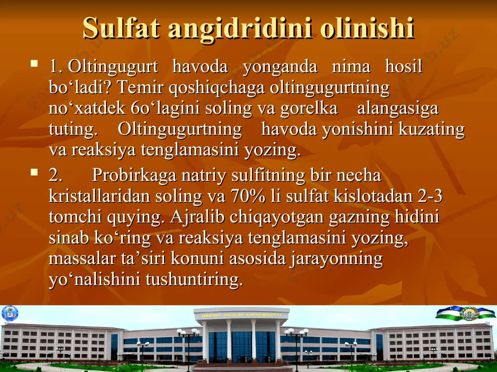 imini о‘tkazing yoki sulfitli suvdan quying. nima sodir bо‘ladi'? sodir bо‘lgan reaksiyalarning tenglamalarini yozing. bunda sulfit angidrit qanday xossani iamoyon qiladi? 3. probkikaga 1-2 ml vodorod sulfidli suv va sulfitli suv eritmasidan quying. nima sodir bо‘ladi? reaksiya tenglamasini yozing. bu holda sulfit kislota qanday xossani namoyon qiladi? gazsimon sulfit angidrit va gaz vodorod sulfidlar о‘zaro ta’sir etganda qanday moddalar hosil bо‘ladi? 1. sulfat kislotasining organik moddalarga ta’siri. a) 2-3 ml sulfat kislotasining (1:1) eritmasini tayyorlang. shisha tayoqchasining uchini shu eritma bilan hо‘llab oq qogozga biron yozuv yozing. qog‘ozni ohistalik bilan quriting. nima sodir bо‘ladi? qilingan tajriba sulfat kislotasining qaysi xossasini kо‘rsatadi? b) hajmi 50 ml stakanga 10 g shakar pudrasidan soling. uni quyuq aralashma hosil bо‘lguncha suv bilan hо‘llang. keyin 3-5 ml konsentrlangan sulfat kislotasidan quying. massani tezlik bilan shisha tayoqchasi yordamida aralashtiring va sodir bо‘lgan xodisani kuzating. bunda qanday gaz moddasi hosil bо‘ladi? sulfat kislotasining metallarga ta’sir. probirkaga 2-3 …