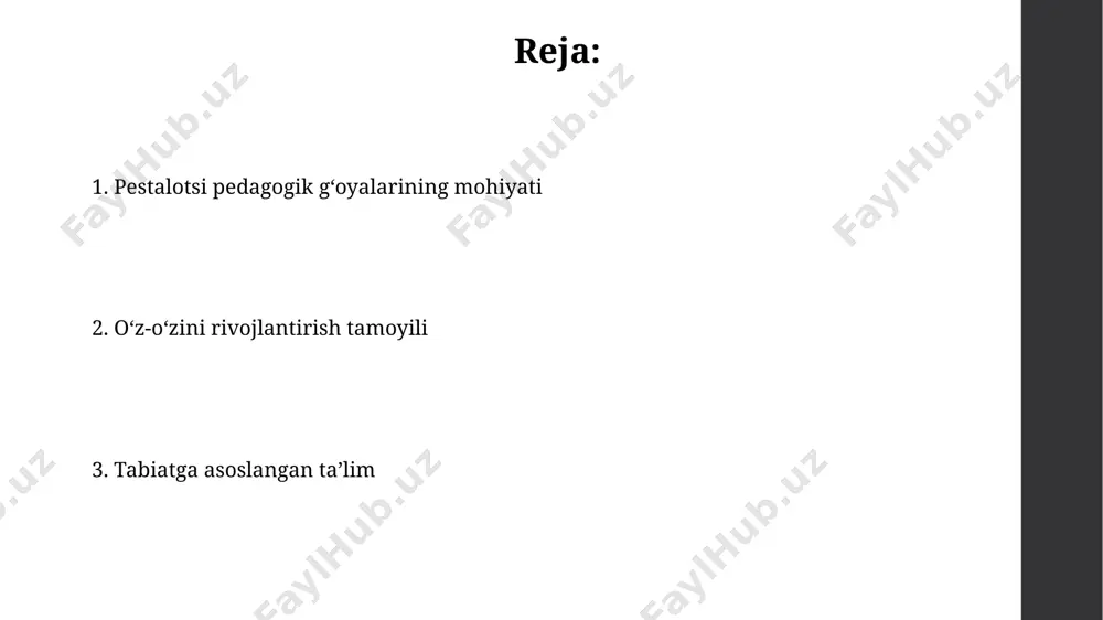 lagan. pestalozzi, o'quvchilarning 5 ta sezgilarini (ko'rish, eshitish, hid bilish, ta'm bilish va teginish) faol ishlatishga asoslangan amaliy mashg'ulotlarni 1-darajali ahamiyatga ega deb hisoblagan. pestalotsi pedagogikasining zamonaviy ahamiyati песталоцци педагогикасининг замонавий аҳамияти, айниқса, 21-асрдаги инклюзив таълимга бўлган эҳтиёжни қондиришда, индивидуал ёндашув ва ўқувчининг имкониятларини ривожлантиришга асосланганлиги билан кўзга ташланади. унинг табиий таълимга асосланган ёндашуви, 3 та асосий принципи (сезги, фикрлаш, сўз) билан, боланинг табиий ривожланишига ёрдам беришда ҳозирги кунда ҳам долзарб бўлиб қолмоқда. o'yin orqali o'qitish pestalozzi o'yin orqali o'qitishda 4-6 yoshli bolalar uchun sensorli vositalardan, masalan, rangli bloklar, to'plar va shakllar yordamida hissiy tajriba va amaliy bilimlarni birlashtirishni tavsiya qilgan. uning pedagogikasi, o'yin orqali bilim olish jarayonida bolalarning tabiiy qiziqishlarini rag'batlantirishga, taxminan 20 xil o'yin turi orqali mustaqil fikrlash qobiliyatini rivojlantirishga qaratilgan. atrof-muhitni o'rganish ushbu pedagogik yondashuvda tabiatshunoslik, geografiya va matematika kabi fanlar amaliy mashg'ulotlar orqali 10 yoshgacha bo'lgan bolalarga o'rgatilgan. pestalozzi atrof-muhitni o'rganishda bolaning 5 ta sezgi a'zosidan …