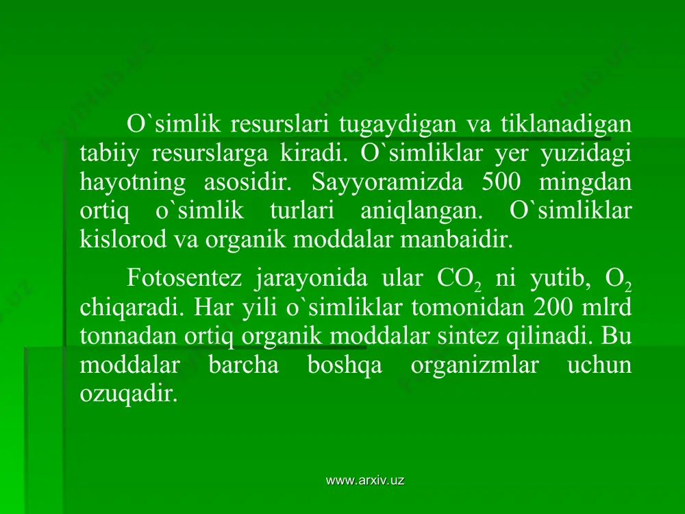 sqargan. shu bois 1984-yil o`zbekiston qizil kitobining ikkinchi jildi nashr ettirildi. unda muhofaza qilinishi kerak bo`lgan 400 o`simlikning 163 turi kiritilgan. www.arxiv.uz www.arxiv.uz www.arxiv.uz www.arxiv.uz www.arxiv.uz www.arxiv.uz insonning kundalik hayotida o`simliklarning ahamiyati juda katta. shuningdek o`simliklar muhim tabiiy geografik omil sifatida yer yuzidagi suv oqimiga bug`lanishga, tuproqda nam saqlanishida, atmosferaning pastki qismidagi havo oqimiga, shamolning kuchi va yo`nalishiga, hayvonlarning hayotiga katta ta’sir etadi. o`simliklar jamiyati uchun behisob oziq-ovqat, homashyo, dori-darmon, qurilish materiallari va boshqa sohalarning asosiy manbaidir. www.arxiv.uz www.arxiv.uz o`simliklardan har xil kiyim bosh, ichimliklar tayyorlash uchun shuningdek chorva mollari uchun asosiy ozuqa manbai bo`lib hisoblanadi. insonlarga zavq-shavq beradigan estetik lazzat sifatida ham ahamiyatga egadir. yer sharida mavjud bo`lgan 500 ming o`simlik turining 6 ming turidan inson kundalik hayotida foydalanadi. o`zbekistonda 4148 tur o`simlik mavjud bo`lib, shundan 577 tasi dorivor o`simliklar, 103 turi bo`yoqdor o`simliklar, 560 turi efir moyli o`simliklar hisoblanadi. www.arxiv.uz www.arxiv.uz tabiatni, uning boyliklarini, muhofaza qilish qadimdan ma’lum. …