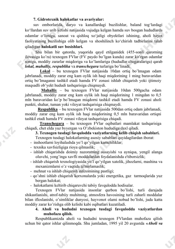 an gaz quvurlaridagi, suv chiqarish inshootlaridagi, suv quvurlaridagi, kanalizatsiya va boshqa kommunal ob’ektlardagi avariyalar; atmosfyera, tuproq, yer osti va yer usti suvlarining odamlar salomatligiga xavf tug‘diruvchi darajada konsentratsiyadagi zararli moddalar bilan ifloslanishiga sabab bo‘lgan gaz tozalash qurilmalaridagi, biologik va boshqa tozalash inshootlaridagi avariyalar. 5. odamlar o‘limi bilan bog‘liq bo‘lgan va zudlik bilan avariya-qutqaruv ishlari o‘tkazilishini hamda zarar ko‘rganlarga shoshilinch tibbiy yordam ko‘rsatilishini talab qiladigan maktablar, kasalxonalar, kinoteatrlar va boshqa ijtimoiy yo‘nalishdagi ob’ektlar, shuningdek uy-joy sektori binolari konstruksiyalarining to‘satdan buzilishi, yong‘inlar, gaz portlashi va boshqa hodisalar. 6. radioaktiv va boshqa xavfli hamda ekologik jihatdan zararli moddalardan foydalanish yoki ularni saqlash bilan bog‘liq avariyalar: sanitariya-himoya hududi tashqarisiga chiqarib tashlanishi natijasida paydo bo‘lgan yuqori darajadagi radioaktivlik odamlarning yo‘l qo‘yiladigandan ko‘p miqdorda nurlanishini keltirib chiqargan texnologik jarayonda radioaktiv moddalardan foydalanadigan ob’ektlardagi avariyalar; radioaktiv matyeriallarni tashish vaqtidagi avariyalar; atrof-muhit va odamlar salomatligi uchun xavf tug‘diruvchi radioaktiv chiqindilar to‘plagichlardagi, chiqindixonalardagi, ishlam to‘plagichlardagi va zaharli moddalar ko‘miladigan …