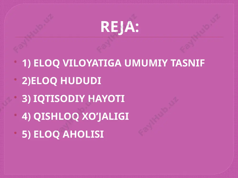 ilimlar unutildi. eloq hududi eloq oʻzbekistonning hozirgi toshkent viloyatining joylashgan boʻlib, janubi-sharqiy qismi tojikistonning hozirgi sugʻd viloyati hududiga oʻtgan. yozma manbalar ichida eloq chegaralari toʻgʻrisida eng aniq maʼlumotni muallifi no’malum “xudud-al-alem” asari (982)beradi. bu asarda aytilishicha, eloq shosh, chadgal (chotqol) togʻli hududi, fargʻona va sirdaryoning xashart deb nomlangan hududi bilan chegaradosh boʻlgan. fargʻona yerlarining oxiri kuramin tizmasi boʻlganligi sababli uning janubi-gʻarbiy qismi qoramazorni butunlay eloq hududiga kiritish zarur. bu tizma eloq tog'lari deb atalgan. eloqdan topilgan sopol idishlar eloq hududi eloq chotqol tizmasining janubiy qismiga tegishli edi. shaharlari chotqolning gʻarbiy etaklarida (hozirgi parkent, zarkent hududida) joylashgan jetikent viloyatining shoshga qoʻshilganligini hisobga olib, m.e.masson bu yerdagi subregionlar chegarasi, albatta, daryo boʻylab oʻtgan degan xulosaga keladi. chirchiq va oxangaron havzalarining suv havzasi. tadqiqotchi shosh va eloq tutashgan joyda aholi zich joylashgan hududlarda chegaralarni belgilashda qiyinchiliklarni qayd etadi: o'rta asr mualliflari ularning yerlari "hech narsani ajratmaydi", deb ta'kidlagan. iloq tor maʼnoda ohangaron vodiysi …