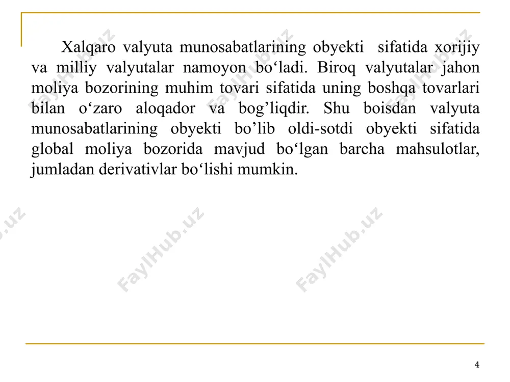 ing operatsiyalardagi ulushi (%da) * примечание: usd – американский доллар, eur –евро, jpy – японская йена, gbp-английский фунт стерлингов, aud – австралийский доллар, chf – швейцарский франк, cad - канадский доллар, mxn – мексиканское песо, cny – юань – ренминби, nzd – новозеландский доллар, sek – шведская крона, rub – российский рубль, otn - другие валюты. triennial central bank survey: foreign exchange exchange and derivatives market activity in 2022 / bank for international settlements. september, 2022. ikkinchidan, bank qisqa muddatli kreditlariga valyuta spekulyantlarining yuqori talabi foiz stavkalari darajasini oshiradi, bu esa mahsulot ishlab chiqaruvchilar uchun kredit olishga boʻlgan imkoniyatni pasaytiradi. uchinchidan, spekulyativ kapitallar nafaqat iqtisodiyotni beqarorlashtiradi, balki valyuta kurslari dinamikasida ham noaniqlikni yuzaga keltiradi. bu holat, valyuta kurslarining keskin tebranishiga va natijada milliy iqtisodiyotda inqirozli holatlarning yuzaga kelishiga sabab boʻladi. shuning uchun xalqaro valyuta munosabatlari xalqaro iqtisodiy munosabatlarning yuqori daromadli va harakatchan sohasini oʻzida ifodalaydi, shu bilan birgalikda yuqori riskli …