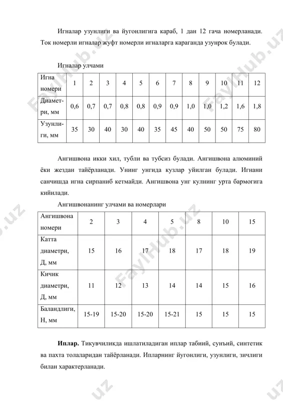 азмердан 120 гача бита уртача рост, тулалиги эса кичик размерлар учун ишлаб чикилади. из туширгич. андозалар тайёрлашда кийим чизмасидан картонга туширишда ёки когоздан газламага из туширишда ишлатилади. кул ишларини бажаришда баъзан белбогларни унгига агдариш учун баъзи мосламалардан хам фойдаланилади. адабиётлар: 1. м.жабборов. «тикувчилик технологияси». тошкент. 1989 й, «укитувчи» нашриёти. 2. а.т.труханова. «тикувчилик технологияси асослари». тошкент. 1996 йил, «укитувчи» нашриёти. 3. «уй-рузгор энциклопедияси». тошкент. 1990 йил.