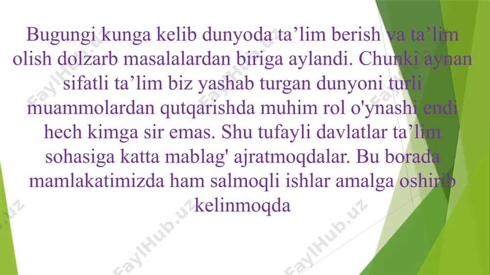 i yaxshi samara berishini isbotladi. televideniya orqali berib borilgan onlayn darslar raqamli ta’limga o'tishning bir debochasi sifatida qabul qilsak bo'ladi. bu jarayon o'quvchiga uydan chiqmay turib ham ta’lim olish mumkinligini isbotlab berdi. raqamli ta’limga o'tishning boshqa afzalliklari to'g'risida ham fikr yuritadigan bo'lsak ularga quyidagilarni kiritish o'rinlidir. darsliklar elektron holatda ekranlarga ko'chadi; - o'quvchilar xohlagan joyida va xohlagan vaqtida ta’lim olish imkoniga ega bo'ladi; - o'quvchilar mutaxasis yetishmaydigan uzoq qishloqlarda ham fanlarni tanlash va uydan turib ta’lim olish imkoniga ega bo'ladi; - internetdan axborot olish va undan foydalanish madaniyati shakllanadi; -ta’lim tizimini yangi bosqichga ko'taradi; - vaqt va mablag' sarfini keskin kamaytiradi; - “raqamli dunyo”da yo'qolib qolmaslik va yaxshi ish topishda ustunliklarga ega bo'ladi. bugun mamlakatimizning barcha hududlarida ham internet tezligi yetarli emas. bu esa o'z navbatida raqamli ta’lim tizimiga o'tishga to'sqinlik qiladi. buni bartaraf etish uchun esa hukumat darajasidagi katta ishlar amalga oshirish talab etiladi. prezidentimizning oliy majlisga murojaatnomalarida ayni …