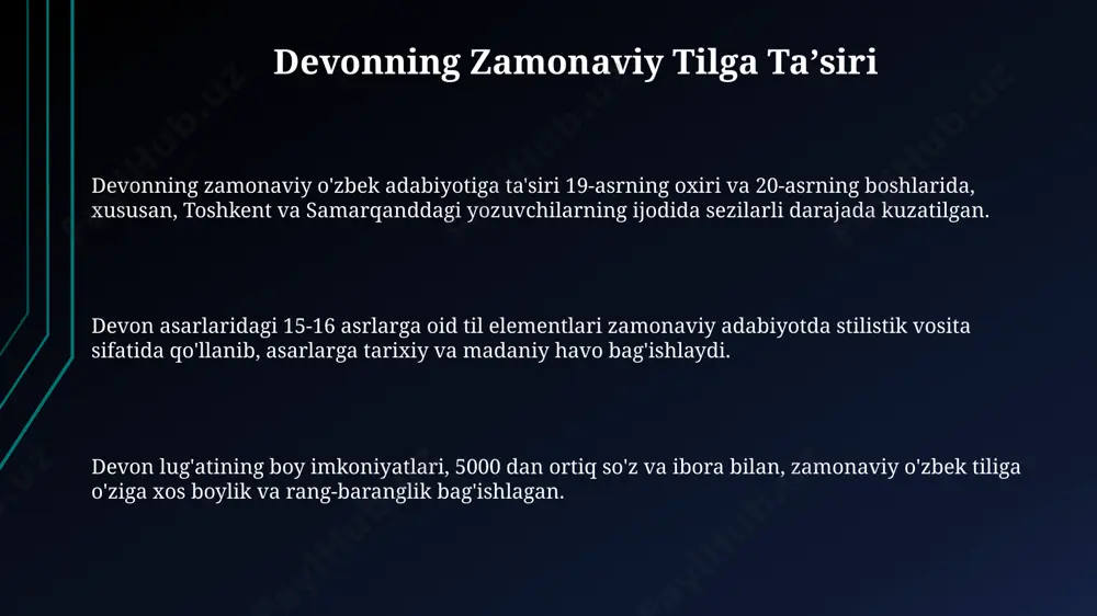 trofida, taxminan 2000 dan ortiq soʻz va iboralarni oʻz ichiga olgan holda, turkiy tillarning oʻzaro bogʻliqligiga oid muhim dalillarni taqdim etadi. “devonu lugʻoti turk”ning 16-asrda, xorazm va buxoro kabi hududlarda yashovchi turkiy xalqlarning leksik boyligini aks ettirish maqsadida tuzilganligi tarixiy ahamiyatga ega. “devonu lugʻoti turk”ning muallifi mahmud ibn vusluqning 15-asr oxiri va 16-asr boshlarida samarqand va uning atroflarida faoliyat yuritganligi asar yaratilishining geografik kontekstiga yoritadi. e'tiboringiz uchun rahmat @taqdimot_robot