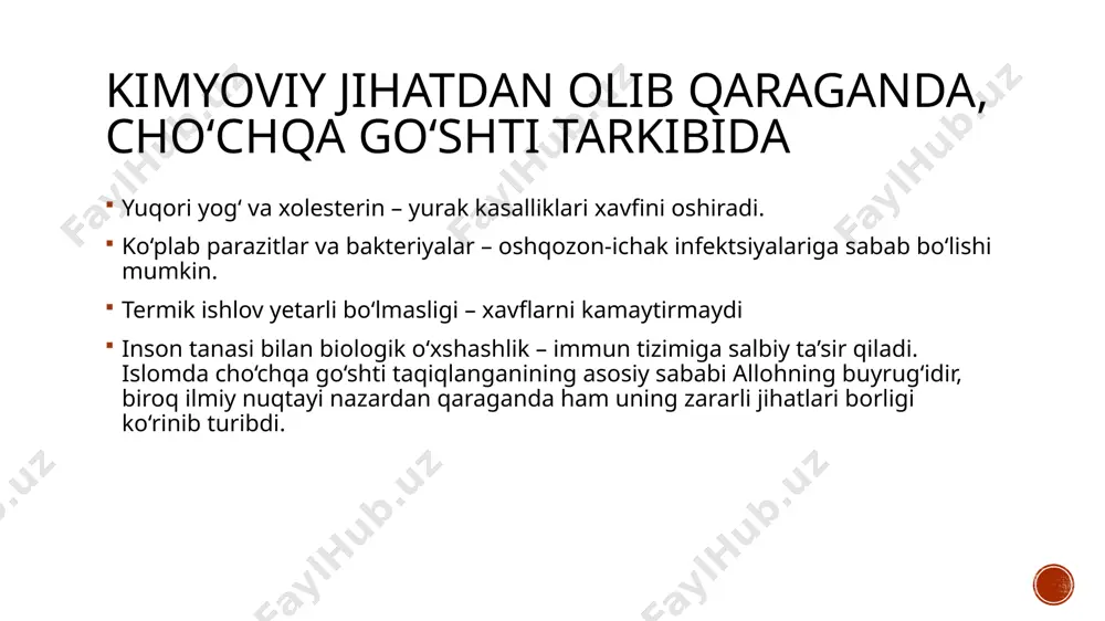 i yog‘i boshqa hayvon yog‘lariga qaraganda o‘ziga xos xususiyatlarga ega: erish harorati: 30-40°c oralig‘ida (inson tanasi haroratiga yaqin), shuning uchun oson hazm bo‘ladi. triglitseridlar nisbati: olein kislotasi (40-50%) – yurak-qon tomir salomatligi uchun foydali. stearin va palmitin kislotasi (25-30%) – yuqori energiya manbai. linol kislotasi (5-10%) – hujayra membranalarining muhim komponenti. potensial xavflar va zararli moddalarning shakllanishi ba’zi hollarda cho‘chqa go‘shti tarkibida zararli moddalar paydo bo‘lishi mumkin: heterosiklik aminlar (hca) va polisiklik aromatik uglevodorodlar (pau) – yuqori haroratda (grill, qovurish) hosil bo‘ladigan potensial kanserogen moddalar. n-nitrozaminlar – qayta ishlangan go‘sht mahsulotlarida (kolbasa, pastırma) natriy nitrit ta’sirida hosil bo‘lishi mumkin. og‘ir metallar va toksik moddalar – ba’zan sanoat chiqindilari ta’sirida go‘sht tarkibida blya oladi. biokimyoviy va fiziologik tadqiqotlar choʻchqa mushak va yogʻ toʻqimalari inson organizmiga oʻxshashligi sababli biologiya va tibbiyot sohalarida ishlatiladi: oqsillar va fermentlar tadqiqotlari – aktin, miyozin va boshqa mushak oqsillari oʻrganiladi. metabolizm tadqiqotlari – choʻchqa goʻshtidan olingan yogʻ …