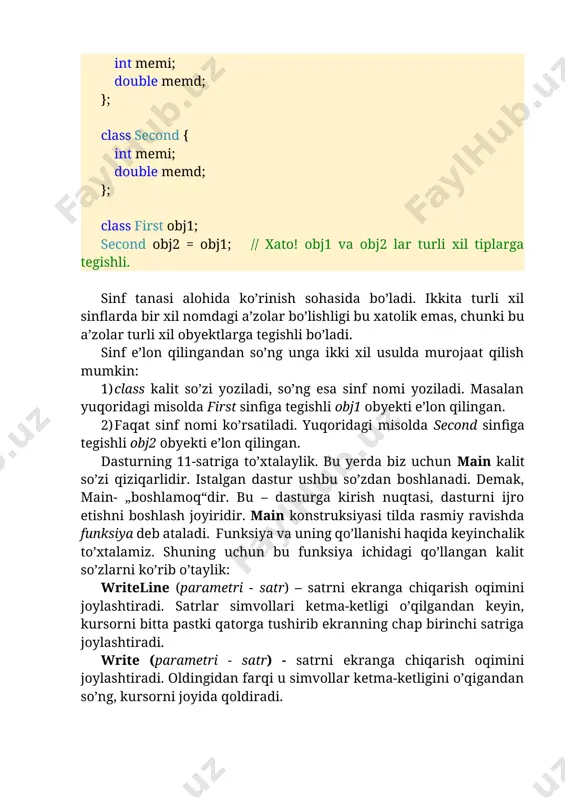 - „boshlamoq“dir. bu – dasturga kirish nuqtasi, dasturni ijro etishni boshlash joyiridir. main konstruksiyasi tilda rasmiy ravishda funksiya deb ataladi. funksiya va uning qo’llanishi haqida keyinchalik to’xtalamiz. shuning uchun bu funksiya ichidagi qo’llangan kalit so’zlarni ko’rib o’taylik: writeline (parametri - satr) – satrni ekranga chiqarish oqimini joylashtiradi. satrlar simvollari ketma-ketligi o’qilgandan keyin, kursorni bitta pastki qatorga tushirib ekranning chap birinchi satriga joylashtiradi. write (parametri - satr) - satrni ekranga chiqarish oqimini joylashtiradi. oldingidan farqi u simvollar ketma-ketligini o’qigandan so’ng, kursorni joyida qoldiradi. readline() – klaviaturadan ma’lumot kiritishni ta’minlaydi. kiritilgan ma’lumot dasturchi tomonidan tanlangan o’zgaruvchiga yoziladi. read() – klaviaturadan bitta simvolni kiritish. kiritilgan ma’lumot dasturchi tomonidan tanlangan o’zgaruvchiga yoziladi. o’zgaruvchilar istalgan dasturda dasturchi obyektlarni nomlaydi. bu nomlangan obyektlar o’zgaruvchilar deb ataladi. o’zgaruvchi tushunchasi dasturlashda juda katta ahamiyat kasb etadi. o’zgruvchi atamasi juda keng qo’llaniladi. o’zgaruvchi xotiradan maxsus joy egallaydi va u albatta biror tipga tegishli bo’ladi. c# tilida ikki ko’rinishdagi ma’lumotlar …