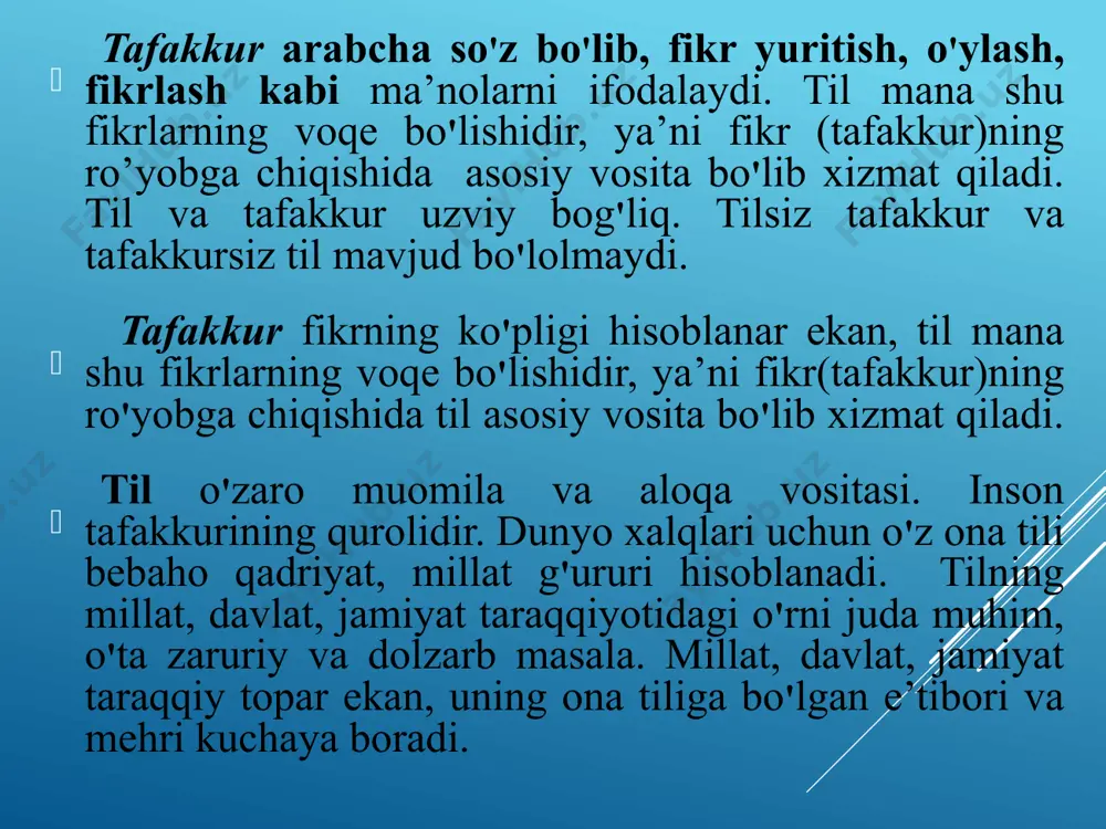 siyalar) fanni o‘zlashtirish natijasida talaba: • o‘zbek tili imkoniyatlaridan amalda to‘g‘ri foydalanish kompetentsiyasiga, o‘zbek tilini sohada qo‘llash bo‘yicha tasavvur va bilimga ega bo‘lishi; • o‘zbek tilida sohaga oid oid atamalarni tushunish, ularni mutaxassisligi mavzusidagi muloqotda mustaqil qo‘llay olish jarayonlarining xususiyatlarini bilish va ulardan foydalanish ko‘nikmalariga ega bo‘lishi; • sohaga oid matnlar bilan o‘zbek tilida tanishish, matn tuzish, uni tahlil va tahrir qilish, sohaviy hujjatlarni tayyorlash va rasmiylashtirish, kasbiy muloqot yuritish ko‘nikmalariga ega bo‘lish, tizimli tahlil qilish malakasiga ega bo‘lishi kerak. o‘zbek tilining taraqqiyoti va istiqboli to‘g‘risida bir qancha qarorlar qabul qilindi. 1. 1993-yil 2-sentabrda “lotin yozuviga asoslangan o’zbek alifbosini joriy etish to’g’risida” qonun qabul qilindi. 2. 1995-yil 24-avgustda “o‘zbek tilining asosiy imlo qoidalari” (82 qoida) o’zbekiston respublikasi vazirlar mahkamasi tomonidan tasdiqlandi. 3. milliy munosabatlarni yaxshilash, davr taqozosi bilan 1995-yil 21-dekabrda “davlat tili haqida”gi qonun (1989-yil 21-oktabrda tasdiqlangan qonun)ga ba’zi o’zgartirishlar kiritildi. 4. “davlat tili haqida”gi qonun 24 moddadan iborat bo’lib, …