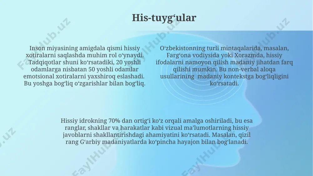 larning 70% dan ortig‘i o‘z o‘rganish uslublarini samarali baholashda qiyinchiliklarga duch keladi, bu esa london universiteti olimlarining 2018-yilgi tadqiqotlarida tasdiqlanadi. til til inson miyasining 7 milliarddan ortiq neyronlarini o'z ichiga olgan murakkab tarmog'ida ma'lumotlarni qayta ishlash, saqlash va chaqirish jarayonlarini amalga oshiradigan kognitiv funksiyalarning asosiy tarkibiy qismidir. til rivojlanishi, bolaning 2 yoshida taxminan 200 ga yaqin so'zlarni o'zlashtirishi bilan boshlanib, 6 yoshga kelib, 10 000 dan ortiq so'zlarni o'zlashtirib, lug'atni shakllantirish bilan bog'liq murakkab kognitiv jarayonlarni o'z ichiga oladi. tilning kognitiv funksiyalarga ta'siri dunyoning turli burchaklarida o'tkazilgan tadqiqotlar natijalarida, masalan, aqshning kaliforniya universitetida olib borilgan tadqiqotlarda tasdiqlangan bo'lib, u tilning xotira va e'tiborga ijobiy ta'sirini ko'rsatadi. fikrlash fikrlashning turli turlari, jumladan, mantiqiy va intuitiv fikrlash, muammolarni hal qilishdagi strategiya tanlashda muhim rol o'ynaydi va 5-7 yoshdagi bolalarda kuzatiladigan muayyan kognitiv rivojlanish bosqichlari bilan bog'liq bo'ladi. inson fikrlashining tezligi va samaradorligi, taxminan sekundiga 100 bit ma'lumotni qayta ishlash qobiliyati, individual farqlarga, …