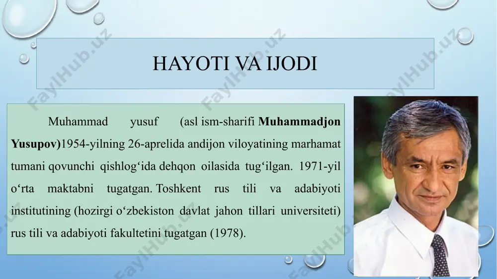 da sheʼriyat muxlislari bilan uchrashish maqsadidagi ijodiy safarida 2001-yil 29-iyulda vafot etgan. andijonda dafn etilgan. toshkent shahri va marhamat tumanidagi koʻchalardan biri, shuningdek, andijon shahridagi bolalar kutubxonasi va marhamat tumanidagi ijod maktabi muhammad yusuf nomi bilan ataladi. xulosa xulosa shundan iboratki muhammad yusuf hayoti davomida ko’plab sherlar yozadi ijod qiladi . muhammad yusufning she’rlari matbuotda tez-tez chop etilib turgan bo‘lsa-da, shoirning birinchi she’riy to‘plami chop etiladi. muhammad yusuf ijodi ayni gullab yashnagan paytda, qoraqalpogʻiston respublikasi ellikqalʼa tumanida sheʼriyat muxlislari bilan uchrashish maqsadidagi ijodiy safarida 2001-yil 29-iyulda vafot etgan. foydalanilgan adabiyotlar „по всей стране широко отмечается 60-летний юбилей мухаммада юсуфа“ (deadlink). 2015-yil 8-dekabrda asl nusxadan arxivlangan. qaraldi: 2015-yil 27-noyabr. „в национальной библиотеке узбекистана имени алишера навои состоялся творческий вечер, посвященный 60 - летию со дня рождения поэта мухаммада юсуфа“ (deadlink). 2015-yil 8-dekabrda asl nusxadan arxivlangan. qaraldi: 2015-yil 27-noyabr. „в ташкенте вспоминают народного поэта узбекистана мухаммада юсуфа“ (deadlink). 2016-yil 15-martda asl nusxadan …