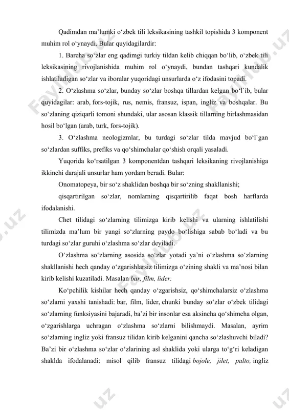yatni, yashash sharoitini eslashga xizmat qiladi: o‘zlashma so‘zlarning boyligi leader, flirt, baby-sitter, week-end so‘zlarida ko‘rinadi. ingliz tilidagi so‘zlar va birikmalar ba’zida ularning qisqaligi qulaylik tug‘diradi: ya’ni jurnalistika tilida, sohasida uchrab turuvchi so‘zlarni tushuntirib beradi, masalan boom, show italyan tilidagi ekvivalentlari quyidagilar show (teatrning turi, bir necha har xil bo‘g‘inlardan tashkil topgan italyan tilidagi ekvivalenti sit-in ma’lum bir joyda tomoshabinlarni yig‘ish). o‘zlashma so‘zlar yozma va og‘zaki shakllar orqali tilga kirib keladi. tunnel so‘zi yozma til orqali kirib kelgan. agar tunnel so‘zi og‘zaki tildan kirib kelganda edi tanel deb talaffuz qilinar edi xuddi ingliz tilidagidek. budget aksincha badjet deb talaffuz etiladi, chunki og‘zaki tildan kirib kelgan. shunday turdagi ingliz so‘zlari borki, ular o‘zbekistonda har xil talaffuz etiladi, masalan: inglizcha talaffuz o‘zbekcha talaffuz flirt | flə:t| |flert| | flεrt| flirt ingliz talaffuziga o‘xshatish o‘zbekcha talaffuz quyidagi talaffuz turlari har xil faktorlardan kelib chiqadi, shuningdek chet tilini yaxshi bilish ham muhim o‘rin tutadi. shuni …