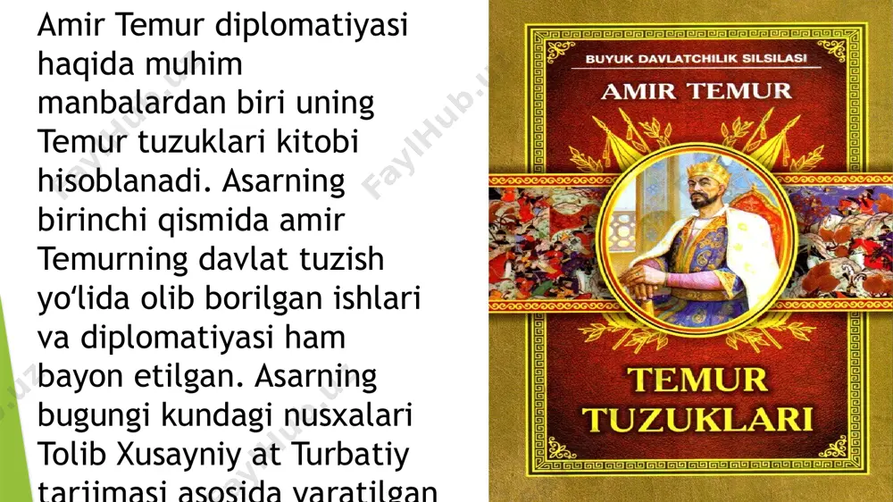 oʻrda bilan munosabatlari amir temurning oltin oʻrda bilan munosabatlari dastlab yaxshi boʻlgan. u toxtamishga taxtni egallashga yordam berdi. taxtni egallab olgan toxtamish muholif yoʻliga oʻtib amir temurga qarshi harakat boshlaydi. amir temur 1395- yil toxtamishni magʻlubiyatga uchratadi amir temur sharqdagi yana bir qator davlatlar bilan xususan moʻgʻuliston, hindiston, xitoy, ozarbayjon, misr, dashti qipchoq, oltoy oʻlkalari bilan ham aloqalar olib borgani shu xududlardan elchilar kelib turgan haqida maʼlumotlar bor amir temurning usmonli turklar bilan munosabatlari amir temur usmonli turklar sultoni boyazid yildirim bilan dastlab doʻstona munosabatlar oʻrnatish tarafdori boʻladi. ammo boyazid amir temurga qarshi harakat boshlab unga qarshi boshqa davlatlar bilan ittifoq tuzmoqchi boʻladi. natijada ular oʻrtasida 1402 yil anqara jangi boʻlib oʻtadi unda amir temur gʻalaba qozondi amir temurning gʻarb davlatlari bilan diplomatiyasi l. keren " amir temur bilan yevropa qirollari oʻrtasidagi munosabatlar koʻp jihatlari bilan kishini hayratga soladi. aslini olganda ularni koʻp narsa ajratib turadi: eʼtiqodlari, tillari, bir biriga …