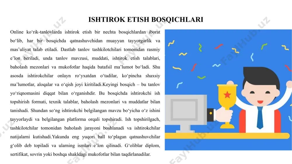 i. multimediali ishlar ham keng tarqalgan bo‘lib, ular prezentatsiya slaydlar to‘plami, animatsiya, audio-vizual taqdimotlar ko‘rinishida bo‘ladi. bu ishlar ko‘p formatli materiallarni uyg‘unlashtirish, auditoriyani jalb etish va materialni samarali yetkazish mahoratini aks ettiradi. rag‘batlantirish turlari online ko‘rik-tanlovlarda ishtirokchilarning mehnati e’tiborsiz qolmaydi — ular turli shakllarda rag‘batlantiriladi. eng keng tarqalgan rag‘batlantirish shakli bu sertifikatdir. sertifikatlar ishtirok etganlik, faol qatnashuv, g‘oliblik yoki ma’lum yo‘nalish bo‘yicha erishilgan yutuqlar uchun taqdim etiladi. ular ishtirokchining portfelini boyitadi va kelajakdagi ta’lim yoki ish faoliyatida muhim hujjat sifatida xizmat qiladi. tanlov natijalariga ko‘ra eng yuqori baho olgan ishtirokchilarga diplomlar, faxriy yorliqlar, tashakkurnomalar topshiriladi. bu hujjatlar rasmiy tashkilotlar tomonidan beriladi va rasmiy e’tirof sifatida qabul qilinadi.ba’zi online tanlovlarda moddiy rag‘batlantirish ham mavjud. bular – pul mukofotlari, stipendiyalar yoki innovatsion g‘oyalar uchun ajratiladigan grantlar bo‘lishi mumkin. bunday mukofotlar ishtirokchining motivatsiyasini oshiradi va uni yanada faollikka undaydi.alohida yutuqlarga erishgan ishtirokchilar esa respublika yoki xalqaro bosqichda ishtirok etish huquqini qo‘lga kiritadi. bu …