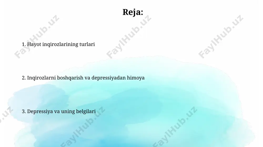 ilda jahon iqtisodiyoti inqiroziga duch kelgan mamlakatlar, masalan, janubiy afrika respublikasida, oilaviy munosabatlardagi keskinliklarni kuchaytirib, inqirozga olib kelishi mumkin. 2017-yilgi tadqiqotlarga ko'ra, toshkent shahrida yashovchi 30 yoshdan oshgan 25% ayollarda tug'ruqdan keyingi depressiya holatlari kuzatilgan, bu esa jiddiy inqirozga olib kelishi mumkin. inqiroz davrida o'zini tutish strategiyasi инқироз даврида 7 кунлик эмоционал режалаштириш, ҳар куни камида 30 дақиқа спорт билан шуғулланиш ва тошкентдаги психолог билан учрашувга ёзилиш руҳий соғлиқни яхшилайди. стресс даражасини 10 баллик шкалада баҳоланг ва 5 баллдан юқори бўлса, нафас олиш машқларини кунига 2 марта, ҳар бири 10 дақиқадан бажаринг, бу навоийдаги клиника тажрибасида исботланган. depressiyadan himoya qilish usullari sogʻlom turmush tarzini, shu jumladan, muntazam jismoniy mashqlarni (haftada kamida 3 marta, 30 daqiqadan) va toʻgʻri ovqatlanishni (meva va sabzavotlarning 5 ta porsiyasini isteʼmol qilishni) oʻz ichiga olgan, stressni boshqarish texnikalarini oʻrganish, masalan, yoga yoki meditatsiya, depressiyadan himoya qilishda muhim rol oʻynaydi ijtimoiy qoʻllab-quvvatlash tarmogʻiga ega boʻlish, yaqin doʻstlar …
