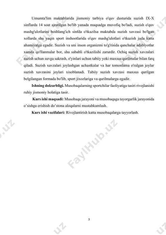 ir. ishning dolzarbligi. musobaqalarning sportchilar faoliyatiga tasiri rivojlanishi ruhiy jismoniy holatiga tasir. kurs ishi maqsadi: musobaqa jarayoni va musobaqaga tayorgarlik jarayonida o’sishga erishish do’stona aloqalarni mustahkamlash. kurs ishi vazifalari: rivojlantirish katta musobaqalarga tayyorlash. i.bob.sport musobaqalari va sportchilarni tayyorlash tizimi. 1.1. olimpiada sport musobaqalari olimpiada sport musobaqalari sport musobaqalari o‘ziga xos faoliyat bo‘lib raqib-larning harakatini tartibga solishda katta rol o‘ynaydi, ularning ayrim qobiliyatlarini ob’ektiv ravishda solish- tirib ko‘rishga va jismoniy sifatlarni maksimal daraja-da namoyon bo‘lishini[footnoteref:1] musobaqa davomida harakatlanishni maksimal darajada ta’minlashga imkoniyat yaratadi. sport hozirgi ko‘rinishda bir qator o‘ziga xos xususiyatlariga ega: [1: mirziyoyev sh.m. “erkin va farovon, demokratik o’zbekiston davlatini mard va olijanob xalqimiz bilan birga quramiz” mavzusidagi o’zbekiston respublikasi prezidenti lavozimiga kirishish tantanali marosimiga bag’ishlangan oliy majlis palatalarining qo’shma majlisidagi nutqi. – t.: “o’zbekiston”, 2016.] 1) sport musobaqalar faoliyatida, raqobat darajasini ketma-ket yutuqlarga bo‘lgan talablarni ortib borishi, sport musobaqalarining tizimiga asoslanib tashkil eti-ladi (yuqori ringga quyi musobaqalarda qatnashganlar qo‘yiladi …