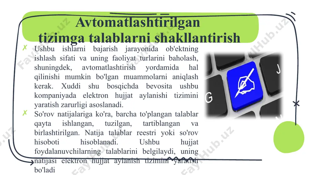 tarixi dastlab, ushbu toifadagi tizimlar faqat klassik ofis ishlarining vazifalarini avtomatlashtirish vositasi sifatida ko'rib chiqildi, ammo vaqt o'tishi bilan ular tobora kengroq vazifalarni qamrab oldi. bugungi kunda edms ishlab chiquvchilari o'z mahsulotlarini nafaqat yozishmalar va ord (tashkiliy va ma'muriy hujjatlar), balki turli xil ichki hujjatlar (shartnomalar, me'yoriy, ma'lumotnoma va loyiha hujjatlari, kadrlar faoliyati to'g'risidagi hujjatlar va boshqalar) bilan ishlashga yo'naltiradilar. edms elektron hujjatlar bilan ishlash muhim tarkibiy qism bo'lgan amaliy muammolarni hal qilish uchun ham qo'llaniladi: mijozlar bilan o'zaro munosabatlarni boshqarish, fuqarolarning murojaatlarini ko'rib chiqish, xizmat ko'rsatish bo'limi ishini avtomatlashtirish, loyiha ish jarayonini tashkil etish va boshqalar. aslida, har qanday axborot tizimi elektron hujjat aylanish tizimi deb ataladi, “elektron hujjat” atrofidagi davlat tashabbuslari elektron hujjatning huquqiy asoslari masalasi hali ham ochiq. bugungi kunda elektron hujjat aylanishi ishtirokchilarining faoliyati elektron raqamli imzodan (eri) foydalanish bo‘yicha qonunlar va me’yoriy hujjatlar, gost va ish yuritish va arxiv ishi bo‘yicha yo‘riqnomalar, axborot texnologiyalari bo‘yicha …