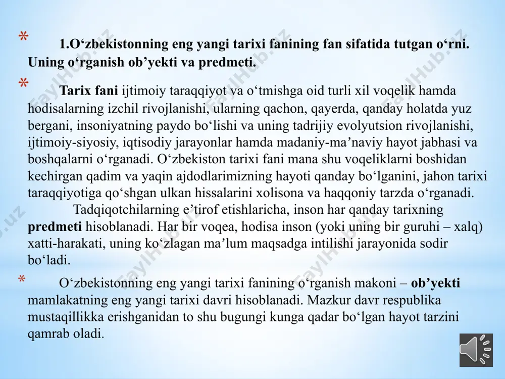 a, inson har qanday tarixning predmeti hisoblanadi. har bir voqea, hodisa inson (yoki uning bir guruhi – xalq) xatti-harakati, uning ko‘zlagan maʼlum maqsadga intilishi jarayonida sodir bo‘ladi. o‘zbekistonning eng yangi tarixi fanining o‘rganish makoni – obʼyekti mamlakatning eng yangi tarixi davri hisoblanadi. mazkur davr respublika mustaqillikka erishganidan to shu bugungi kunga qadar bo‘lgan hayot tarzini qamrab oladi. 2.o‘zbekistonning eng yangi tarixi fanining metodologik, ilmiy nazariy asoslari, usullari va tamoyillari tarix fanining asosiy tayanch tushunchasini tarixiy asos va tarixiy manba, tarixiy makon va tarixiy zamon tashkil etadi. soha mutaxassislarining eʼtirof etishlaricha, tarix fanini o‘rganishdagi eng dolzarb muammo – bu tarixiy voqelik va tarixiy manbalar bo‘lib, mana shu ikki muammoga tom maʼnoda ilmiy yondashish tarix fanining nazariyasi va metodologiyasini aniqlashda muhim ahamiyat kasb etadi. metodologiyaning lug‘aviy maʼnosi grekcha “metodos” va “logos” degan ikki so‘z birikmasidan iborat bo‘lib, metod, yaʼni usul – tadqiqot olib borish usuli (yo‘li), nazariya, taʼlimot, logiya esa fan deganidir. …