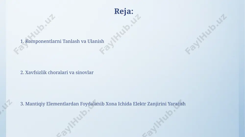 kilik kodlarni va tranzistorlarning holatini kuzatish kerak, bu jarayon kamida 3 ta o'lchov nuqtasini talab qiladi. komponentlarni ulash sxemasini chizish komponentlarni ulash sxemasini chizishda, 220v tarmoqqa ulanishni aniq ko'rsatish va himoya elementlari (masalan, 10a avtomatik himoya vositasi) joylashishini belgilash kerak. har bir komponentning (rezistorlar, diodlar, tranzistorlar) parametrlari (masalan, 1kω rezistor, 1n4001 diod) va ularning sxemadagi joylashuvi aniq ko'rsatilishi zarur. xavfsizlik texnikasi qurilmani o'chirishdan keyin ham kondensatorlarda qoldiq zaryad saqlanib qolishi mumkinligini yodda tutish kerak. zaryadni to'liq tushirish uchun, parallel ravishda 10 kohm qarshilik ulanishi kerak, bu esa 5 soniyadan keyin xavfsizlikni ta'minlaydi. elektr toki ta'siridan himoya qilish uchun 220v tarmoqqa ulangan qurilmalardan foydalanishda, tegishli himoya vositalari (dielektrik qo'lqoplar, izolyatsion matolar) dan foydalanish majburiy hisoblanadi, aks holda 1000v gacha kuchlanishdagi zarbalar o'limga olib kelishi mumkin. xulosa va muhokama olingan natijalar shuni ko'rsatdiki, mantiqiy elementlar yordamida 100% aniqlik bilan murakkab elektr zanjirlari loyihalashtirish va yaratish mumkin. mantiqiy elementlar yordamida 3 ta turli …