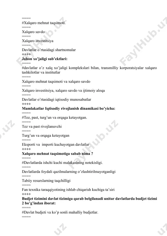 ka taraqqiyotining ishlab chiqarish kuchiga ta’siri ++++ budjet tizimini davlat tizimiga qarab belgilanadi unitar davlatlarda budjet tizimi 2 bo’g’indan iborat: ==== #davlat budjeti va ko’p sonli mahalliy budjetlar. ==== davlat budjeti va tashkilotlar budjetlari ==== iqtisodiy budjet va unitary budjet ==== davlat budjeti va ijtimoiy soha budjeti ++++ jahon infrastrukturasi nima ? ==== #jahon bozoridagi tovarlarni ishlab chiqaruvchi va iste’molchilarga yetkazib beruvchi soxalar ==== jahon savdosi ==== ilmiy-texnika aloqalari ==== xalqaro valyuta tizimi ++++ demografik portlash ==== #aholi sonining keskin ortishi. ==== aholi sonining keskin kamayishi ==== qishloq aholisini shaxarga ko’chib kelishi ==== qishloqga shaxar aholisining ko’chib kelishi ++++ zamonaviy chet davlatlarda davlat budjeti quyidagilardan qaysi biri asosiy funksiya hisoblanmaydi ? ==== # tadbirkorlarni moliyaviy resurslar bilan ta’minlash. ==== milliy daromadni qayta taqsimlash ==== iqtisodiyotni davlat tomonidan tartibga solish va rag’batlantirish ==== ijtimoiy siyosatni moliyaviy ta’minlash ++++ iqtisodiy va ilmiy-texnik salohiyati bo’yicha aqsh va yaponiyadan keyingi uchinchi o’rinda turadigan davlat …