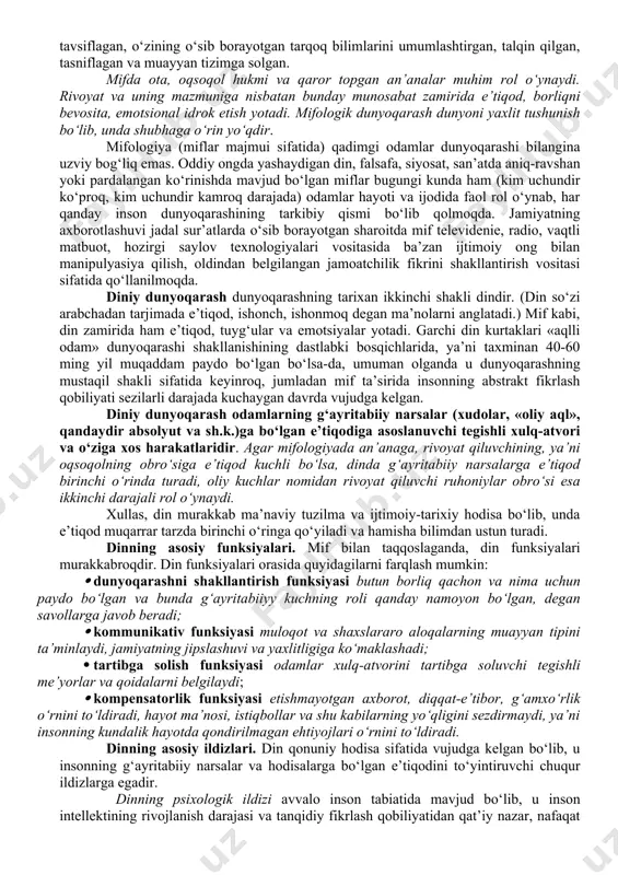 l-kesil javob berish mumkin bo‘lgan savollarga qaraganda, ko‘proqdir. shu bois, muammolarga nisbatan muayyan tarzda yondashadigan har bir odamning dunyoqarashi, savollari va javoblari doim shaxsiy o‘ziga xoslik bilan ajralib turadi va hech bo‘lmasa shu sababga ko‘ra boshqa odamlar dunyoqarashiga hech qachon o‘xshamaydi. dunyoqarashning intellektual, emotsional va ruhiy asoslarning uzviy bog‘liqligi va ularning jamuljam holda har bir inson uchun mutlaqo muayyan, individual xususiyatlar sifatida amal qilishidir. intellektual, emotsional va ruhiy asoslar iroda bilan uyg‘unlikda e’tiqodlar – odamlar faol qabul qiladigan, ularning ong darajasi va hayotdagi mo‘ljallariga mos keladigan qarashlarni yuzaga keltiradi. dunyoqarashning muhim elementi shubha bo‘lib, u dunyoqarashni dogmatizm, ya’ni biryoqlama, notanqidiy fikrlash, u yoki bu qoidani shak-shubhasiz haqiqat deb qabul qilishdan asraydi. dogmatizmning qarama-karshisi skeptitsizm bo‘lib, bunda shubha mutlaqlashadi, fikrlashning asosiy omiliga aylanadi, bilish va borliqni idrok etishning bosh tamoyili sifatida amal qiladi. dunyoqarashning tuzilishi dunyoni sezish, dunyoni idrok etish va dunyoni tushunish kabi eng muhim elementlardan iborat. dunyoni sezish – …