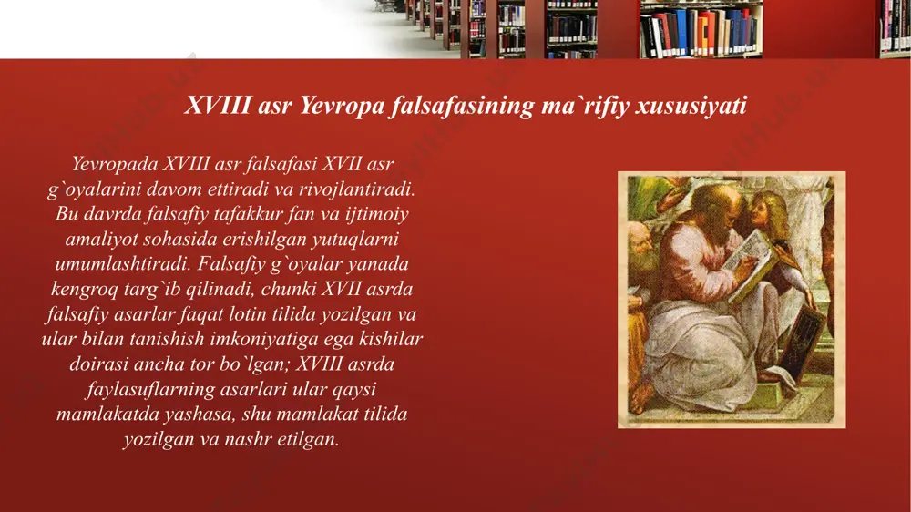 » konsepsiyalari shakllandi. ularga ko'ra, jamiyat tarixi — o'ziga xos madaniyatlarning birligi emas, xilma-xilligidan iborat hozirgi zamon falsafasining eng asosiy tamoyillari umuminsoniylikning ustuvorligi, uning milliylik bilan uybunligi, demokratik erkinliklar, inson qadri, biror ta'limotni mutlaqlashtirmaslikdir. babrikenglik va tolerantlik hozirgi falsafiy ta'limotlar rang-barangligini ta'minlaydi. an'anaviy falsafada, turli boyaviy tizimlarga bo'linishiga qaramay, muhim muammolarni hal etishda ma'lum bir umumiylik mavjud edi. hozirgi zamon falsafasida aksincha, falsafiy muammolarning ko'p xilligi va o'ziga xosligi, turli-tumanligi, ular asosida falsafiy oqimlarning mustaqil yo'nalish sifatida shakllanganligi yaqqol ko'zga tashlanadi. e’tiboringiz uchun rahmat image2.jpeg image3.jpeg image4.jpeg image5.jpeg image6.jpeg image7.jpeg image8.jpeg image9.jpeg image10.jpeg image11.png image12.png image1.jpeg /docprops/thumbnail.jpeg