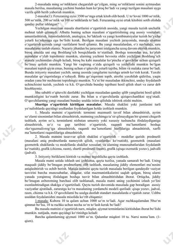 javob bera olmaydilar. har qanday matematik masalaning savoli uning asosiy elementlaridan biri hisoblanadi. shu o‘rinda tug‘iladihar qanday matematik masala o‘quvchilar uchun muammoli xarakterga ega bo‘ladimi yoki boshqacha aytganda, masaladagi har qanday savol masalaning asosiy elementlaridan biri bo‘laturib, muammolili vaziyat hosil qiladimi? bunga mashhur polyak didaktigi v. okon quyidagicha yozadi: „...masalaning mazmuni xotirada hisoblashga oid beihtiyor mashqlar uchun keraksiz gardish bo‘lib qolgandagina va faqat shunday hollardagina matnli masalalar o‘quvchilar uchun muammoli harakterga ega bo‘lmaydi. haqiqatda esa muammolili matnli masalalar o‘quvchini shunday qiyinchiliklarga duchor qiladiki, bu qiyinchiliklarni hal qilish yechimga olib keladigan fikrlash operatsiyalarini bajarishda anchagina aqliy mehnat qilishni talab qiladi”[footnoteref:1]. [1: v.okon.osnovi problemnogo obucheniya. м.prosvesheniye, 1968, 77-bet.] agar masala matni o‘quvchini ma’lum yechimga olib keladigan fikrlash jarayonlarini bajarishda aqliy zo‘riqishni talab qiladigan qiyinchiliklarga duch keltirsa, bunday masalani muammoli deyiladi. r.ibragimovning tadqiqot ishida muammoli masalalarni quyidagi ko‘rinishlarini ko‘rib chiqqan va ularni yechishmetodikasini ochib bergan. muallif o‘zining tadqiqot ishlarida muammoli masalalarni quyidagi turlarini …