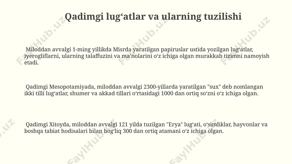i burchaklarida, masalan, hindiston va yaponiyada keng tarqaldi. lugʻatshunoslikning qadimgi tarixi qadimgi yunonistonda, miloddan avvalgi 5-asrda, “homeros”ning asarlarini tushuntirish uchun yaratilgan glosariylar va lug'atlar paydo bo'ldi, bu esa yunon tili va adabiyotini o'rganishga katta hissa qo'shdi. miloddan avvalgi 2300 yilda mesopotamiyada yaratilgan “sumer lug'ati” deb ataluvchi yozuvli daftarlar qadimgi lug'atshunoslikning dastlabki namunalaridan biri hisoblanadi va u taxminan 1500 ga yaqin so'zni o'z ichiga olgan. qadimgi misrda, taxminan miloddan avvalgi 1500 yillarga oid “papiruslar”da ieroglif yozuvini tushuntirishga qaratilgan lug'atlarga oid dalillar mavjud bo'lib, bu misr tili va madaniyatini o'rganish uchun muhim manba hisoblanadi. e'tiboringiz uchun rahmat @taqdimot_robot