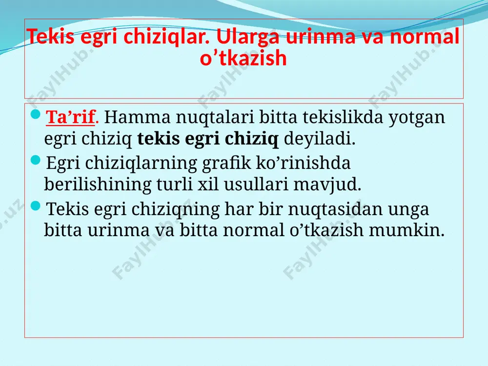. nuqtaning silindrik sirt bo’ylab aylanma va ilgarilanma harakati natijasida hosil bo’lgan trayektoriyasi vint chizig’i deyiladi. konus vint chizig’i ta’rif. to’g’ri doiraviy konus sirtidagi a nuqta ilgarilanma va aylanma harakat qilsa, unda a nuqta konus sirtiga fazoviy vint chiziq chizadi. bu chiziq konus vint chizig’i deb yuritiladi. nazorat savollari tekis va fazoviy egri chiziqlarning farqi nimada? egri chiziqqa urinma deb nimaga aytiladi. egri chiziqning egriligi deb nimaga aytiladi? egri chiziqning evolyutasi deb nimaga aytiladi? egri chiziqning biror nuqtasida unga normal qanday o’tkaziladi? tekis egri chiziqlarning uchlari deb nimaga aytiladi? tekis egri chiziqlarning maxsus nuqtalari deb nimaga aytiladi va ularning turlarini aytib bering? ikkinchi tartibli egri chiziqlar deb nimaga aytiladi va ularning turlarini aytib bering? silindrik va konussimon vint chiziqlari qanday xosil bo’ladi? vint chiziqining qadami nima? silindrik va konus vint chiziqlarining har bir o’rami yoyilmada qanday ko’rinishlarga ega bo’ladi? o’ng yoki chap o’ramli vint chiziqlar qanday aniqlanadi? image2.jpeg image3.jpeg image4.jpeg …