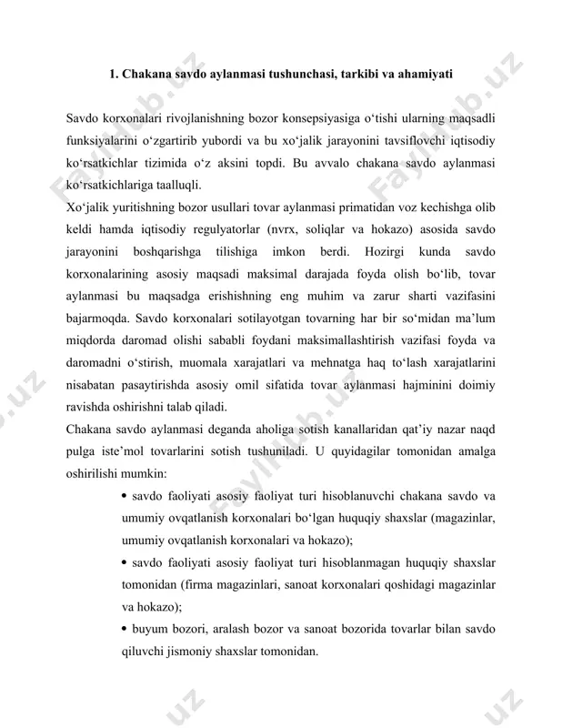 qiy shaxslar tomonidan (firma magazinlari, sanoat korxonalari qoshidagi magazinlar va hokazo); · buyum bozori, aralash bozor va sanoat bozorida tovarlar bilan savdo qiluvchi jismoniy shaxslar tomonidan. jismoniy shaxslar tomonidan buyum bozori, aralash bozor va sanoat bozorida sotuvchi tovarlar hajmi mintaqaviy statistika organlari tomonidan amaga oshiriluvchi maxsus tadqiqotlar asosida aniqlanadi. shunday qilib, chakana savdo aylanmasining mohiyatini aholining naqd pul mablag‘larini xarid qilingan tovarlarga ayirboshlash bilan bog‘liq iqtisodiy munosabatlar aks ettiradi. biroq chakana savdo aylanmasi tarkibiga quyidagilar ham kiritilishi mumkin: · ijtimoiy sohada huquqiy shaxslarga (kasalxona, sanatoriy, bolalar bog‘chasi va hokazolar) naqdsiz hisob-kitob yo‘li bilan sanoat mahsulotlarini sotish; · huquqiy shaxslarga tovarlarni faqat kassa apparatlaridan foydalangan holda naqd pulga sotish. chakana savdo aylanmasi boshlang‘ich tovar-pul hisoboti va unga ilova qilinuvchi hujjatlar asosida hisobot davridagi amaldagi narxlarda hisobga olib boriladi. chakana savdo aylanmasi hisobi aholiga tovar bilan birga sotilgan shisha idish-tovoqning qiymatini hisobga olgan holda, aholidan qaytarib olingan idish-tovoqlar qiymatini, shuningdek, aholidan qabul …