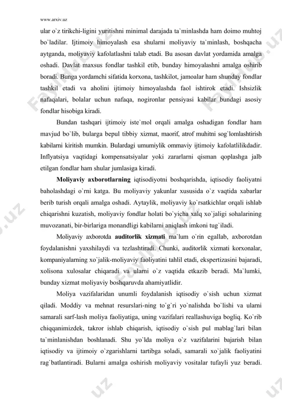 radi. ma`lumki, bunday xizmat moliyaviy boshqaruvda ahamiyatlidir. moliya vazifalaridan unumli foydalanish iqtisodiy o`sish uchun xizmat qiladi. moddiy va mehnat resurslari-ning to`g`ri yo`nalishda bo`lishi va ularni samarali sarf-lash moliya faoliyatiga, uning vazifalari reallashuviga bogliq. ko`rib chiqqanimizdek, takror ishlab chiqarish, iqtisodiy o`sish pul mablag`lari bilan ta`minlanishdan boshlanadi. shu yo`lda moliya o`z vazifalarini bajarish bilan iqtisodiy va ijtimoiy o`zgarishlarni tartibga soladi, samarali xo`jalik faoliyatini rag`batlantiradi. bularni amalga oshirish moliyaviy vositalar tufayli yuz beradi. bular qatoriga ishlab chiqarish va noishlab chiqarish xarajatlari, amortizatsiya, foyda, aktsiya kursi, dividend, soliqlar, sug`urta xaqi, bank xaqi, dotatsiya, subsidiya, kompensatsiya kabilarni kiritish mumkin. moliyaviy vositalar fondlarda shakllanib moliya resurslarini tashkil etadi. ana shu resurslar orqali moliyaning ta`siri va harakati amalga oshadi. aytaylik, amortizatsiya fondi va foy-daning bir qismi investitsiya uchun xizmat qiladi, bularning ko`payish rezervlari ishlab chiqarish quvvatlarini ko`paytirish rezervlari demakdir. agarda bular etarli bo`lmasa, texnika, texnologiyaga sarf etish kamayadi va ishlab chiqarish o`sishi susayadi. yoki dividendlarni olaylik. bular …