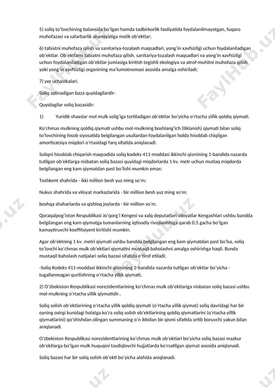 ida yuridik shaxslardan olinadigan mol-mulk solig‘inining ulushi, (foizda) ko‘rsatkichlar yillar 2013 2014 2015 2016 2017 davlat byudjeti daromadlarida jami soliqlar tushumi 100 100 100 100 100 jami davlat byudjeti daromadlarida mol-mulk solig‘ining ulushi 2,6 4,4 5,1 4,2 4,5 shu jumladan, yuridik shaxslardan olinadigan mol-mulk solig‘ining ulushi 2,3 3,9 4,7 3,9 4,5 jami mulkiy soliqlar tushumida yuridik shaxslardan olinadigan mol-mulk solig‘ining ulushi 86,0 90,1 92,6 92,3 92,8 yuridik shaxslardan olinadigan mol-mulk solig‘ining mahalliy byudjetlar daromadlaridagi ulushi 7,1 7,7 7,9 7,8 7,8 jadval ma’lumotlariga ko‘ra jami mulkiy soliqlar tushumida yuridik shaxslardan olinadigan mol-mulk solig‘ining ulushi 2015 yilda 2011 yilga nisbatan 6,8 punktga oshganligini ko‘rish mumkin. bu holatni soliqqa tortish tartiblarini yanada takomillashib borayotganligi bilan izohlamoq kerak. bunga bir xil ahamiyatli va samarasiz bo‘lgan imtiyozlarni bekor qilinayotganligini misol keltirish mumkin. o‘zbekiston respublikasi soliq kodeksi va “yuridik shaxslarning mol-mulk solig‘ini hisoblash va byudjetga to‘lash tartibi to‘g‘risida”gi yuriknomaga muvofiq amalga oshiriladi. (myu №1107-modda. 11.03.2002). o‘zbekiston …