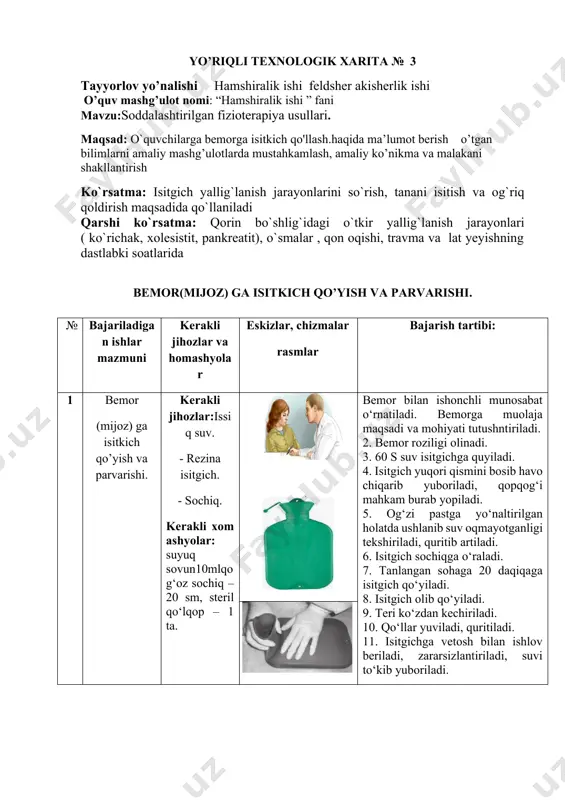 qlanadi. 13. qo‘lqoplar echiladi, qo‘llar yuvib, quritiladi. 14. tibbiy hujjatlarga muolaja haqidagi ma’lumot kiritiladi. 3. isitkichdan foydalanish isitgich qo`yish texnikasi yo’riqli texnologik xarita №4 tayyorlov yo’nalishi hamshiralik ishi feldsher akisherlik ishi o’quv mashg’ulot nomi: “hamshiralik ishi” fani mavzu:soddalashtirilgan fizioterapiya usullari maqsad: o`quvchilarga bemorga muzli xaltacha qo`yish haqida ma’lumot berish amaliy mashg’ulotlarda mustahkamlash, amaliy ko’nikma va malakani shakllantirish. ko`rsatma: qon ketganda , isitmaning ii- davri, o`tkir yallig`lanish jarayonlarining boshlang`ich bosqichlarida , lat yeganda (og`riqni kamaytirish uchun), hasharotlar chaqqanda, pediatriyada esa chaqaloqlarning miya ichi jarohatlarida ishlatiladi. qarshi ko`rsatma: turli etiologiyali o`smalarda , travma va lat yeyishning ii-sutkasida muzli xaltacha qo’yish texnikasi № bajariladigan ishlar mazmuni kerakli jihozlar va homashyolar eskizlar, chizmalar rasmlar bajarish tartibi: 1 muzli xaltachadan foydalanish uchun tayyorlash suyuq sovun, salfetka, muzli xaltacha, muz bo’laklari, sochiq .1.bemor bilan muloqotga kirib, unga muolaja maqsad va mohiyati tushuntiriladi. 2. kerakli jihozlar tayyorlanadi. 3. muz bo‘lakchalari xaltachaga solinadi, suv bilan to‘ldiriladi. 4. muzli …