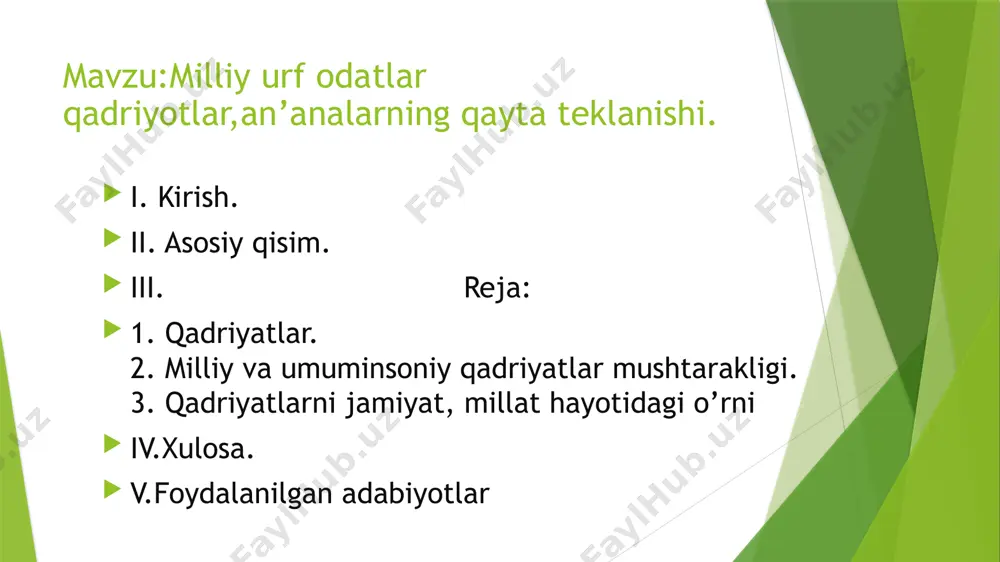 miz, bu qadriyatlar atrixiy jihatdan ham, etnik - madaniy jihatdan ham xalqimizning o’ziga xos xususiyatlariga zid emasligini qayat-qayat at‘kidlashni isatrdik».sh atrziga kirib kela boshladi. umuminsoniy demokratik qadriyatlarning eng muhimi - inson haq – hu-quqlari va erkinliklarini har tomonlama himoya qilishdir. insoniyat atrixida buyuk franöuz revolyuöiyasi (1789) qabul qilgan «inson va grajdanlar huquqlari dekloratöiyasi», 1948 yilning 10 dekabrida bmt bosh assambeliyasi atsdiqlagan «inson huquqlarining eng umumiy dekloratöiyasi» - inson haq - huquqlari va erkinliklarini himoya qilishga qaratilgan atrixiy hujjatlar edi. o’zbekiston davlat musatqilligiga erishishi bilan musatbid tuzum sharoitida oyoq osti qilingan inson haq - huquqlari va erkinliklarini tiklash, uni himoya qilishga kirishdi. insonning asosiy xuquqlari va erkinliklari o’zbekiston respublikasi asosiy qonuni – kons-tituöiyaning umumiy qoidalari va olti bobdan iborat ikkinchi bo’limida xuquqiy jihatdan musathkamlandi. shuningdek, demokratiya, barqarorlik, oshkoralik, tinchlik, hamkorlik kabi umuminsoniy qadlriyatlarning rivoj topishi uchun ham imkon yaratildi. xulosa. yuqoridagi fikrlarimizdan quyidagi xulosalar kelib chiqadi: 1qadriyat alloqanday hodisa, voqea yoki …