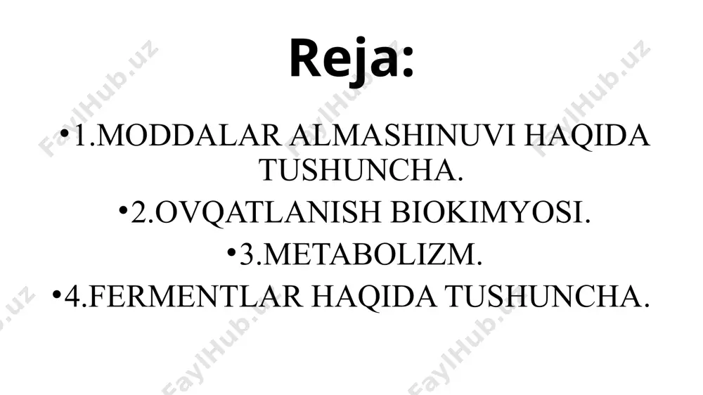 bog‘lanadi. substrat bilan raqobatlashadi. misol: sulfanilamid – bakteriyalarda folat sintezini to‘sadi (paba bilan raqobatlashadi). 2. raqobatbardosh bo‘lmagan (non-competitive) ingibirlash: ingibitor fermentning allosterik markaziga bog‘lanadi. ferment shaklini o‘zgartiradi → faol markaz substratni bog‘lay olmaydi. misol: siyanid – sitoxrom oksidazani ingibirlaydi. 3. irreversibl (qaytmas) ingibirlash: ingibitor ferment bilan kovalent bog‘lanadi va uni butunlay ishdan chiqaradi. misol: **asetilsalitsil kislota (aspirin fermentlarning optimal ishlash sharoiti — bu ularning eng yuqori faollik bilan ishlaydigan sharoitidir. har bir ferment uchun bu sharoit ma'lum harorat va ph diapazonida bo‘ladi. 1. haroratning ta'siri :fermentlar oqsildan tashkil topgan, shuning uchun ularning faolligi haroratga juda sezgir. harorat oshgani sayin, molekulalarning kinetik energiyasi oshadi, substrat bilan fermentning to‘qnashish ehtimoli ortadi → tezlik oshadi. ammo ma’lum bir nuqtadan keyin (odatda 40–50°c atrofida) oqsilning denaturatsiyasi boshlanadi → fermentning uchlamchi tuzilishi buziladi, faol markazi o‘z shaklini yo‘qotadi → faollik pasayadi. optimal harorat: odam fermentlari uchun: 36–40°c (tana haroratiga yaqin). psixrofil organizmlar (sovuqda yashovchi) fermentlari: …