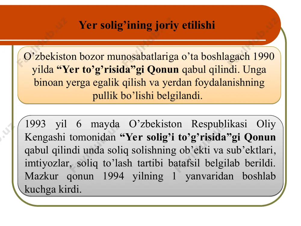 bir shaxsga berishini ko’zda tutuvchi bitimdir. ijara shartnomasi huquqiy kuchga ega bo’lishi uchun ijaraga berilgan mulkning egalik huquqi ijara beruvchining o’zida qolishi, ijara oluvchiga esa faqat undan (ya’ni mulkdan) foydalanish huquqigina o’tadi. yer solig‘i to‘lovhilar yuridik shaxslardan olinadigan yer solig‘ini to‘lovchilar o‘z r. s.k. 425-modda mulk huquqi asosida yer uchastkalariga ega bo‘lgan yuridik shaxslar va norezidentlar egalik qilish huquqi asosida yer uchastkalariga ega bo‘lgan yuridik shaxslar va norezidentlar foydalanish huquqi asosida yer uchastkalariga ega bo‘lgan yuridik shaxslar va norezidentlar ijara huquqi asosida yer uchastkalariga ega bo‘lgan yuridik shaxslar va norezidentlar yer solig‘i to‘lovhilar ko’chmas mulk ijaraga berilgan taqdirda, ijaraga beruvchi soliq to’lovchi deb e’tirof etiladi. bunda moliyaviy ijara (lizing) shartnomasiga muvofiq moliyaviy ijaraga (lizing) berilgan (olingan) ko’chmas mulk ob’ektlari bo’yicha ijaraga oluvchi (lizing oluvchi) soliq to’lovchi deb e’tirof etiladi. yer uchastkasidan bir nechta yuridik shaxs birgalikda foydalangan taqdirda, har bir yuridik shaxs yer uchastkasining foydalanilayotgan maydonidagi o’z ulushi uchun soliq …