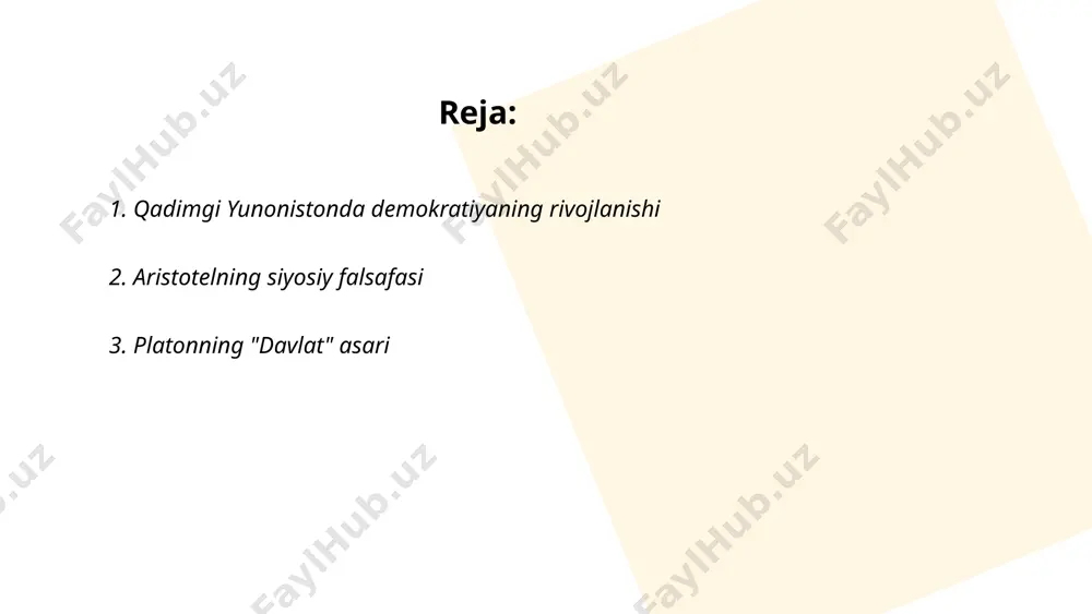 ariga oid masalalar yoritiladi. platon ushbu asarda fikrni sokrat obrazida ilgari surib, hukmfarmoniya va bilim idealini ta'kidlaydi. uch asosiy sinf: hukmdorlar, qo'riqchilar va ishlab chiqaruvchilar haqida so'z yuritilgan. platonning maqsadi adolatli jamiyatni shakllantirish bo'lib, aql-idrok va bilim asosida davlat boshqaruvini tasvirlaydi. asar platonning siyosiy falsafasini aks ettirib, millat va davlat tuzilmasidagi roli muhim deb biladi. ... t.me/slaydai_bot 4. yunoniston shahar-davlatlari va ularning siyosiy tuzilishi 4. yunonistonning shahar-davlatlari miloddan avvalgi viii-vi asrlarda paydo bo'lgan. ular orasida afina, sparta, korinf va tebalar eng mashhur edi. har bir shahar-davlat (polis) o'ziga xos siyosiy tuzilmaga ega edi. afina - demokratiya, unda barcha erkin fuqarolar qaror qabul qilishda qatnashgan. spartada esa harbiy aristokratiya hukmronlik qilgan; ikki shoh va 28 keksa erkakdan iborat gerusiya kengashi asosiy siyosiy vazifalarni bajargan. korinf savdo-sotiq va hunarmandchilik bilan rivojlangan, va uning boshqaruvi oliy kengashning nazoratida edi. teba esa kuchli harbiy qudratga ega bo'lib, bo'linma demokratiya tizimiga ega edi. rim respublikasi …