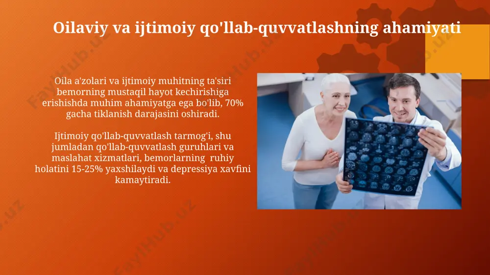 ʻllaniladi, bu dasturlar 12 hafta davom etadi va xotira, e'tibor va ijro funksiyalarini yaxshilashga qaratilgan. turli miya kasalliklarida reabilitatsiya usullarining o'ziga xos xususiyatlari miya infarktidan keyingi reabilitatsiyada 3-6 oy ichida intensiv nutq terapiyasi va motor funksiyalarni tiklashga qaratilgan mashqlar muhim ahamiyat kasb etadi, bu davrda miya plastisitligi yuqori bo'ladi. miyada travmatik shikastlanishdan keyin kognitiv funksiyalarni tiklash uchun, masalan, e’tibor va xotirani yaxshilash uchun 12 hafta davomida kognitiv reabilitatsiya dasturi qo'llanilishi mumkin. reabilitatsiya jarayonini monitoring qilish va baholash reabilitatsiya jarayonining samaradorligini baholashda, funktsional mustaqillik shkalalari (masalan, fim ballari 18 dan 126 gacha) va bemorning kundalik hayot faoliyatini o'z-o'zini xizmat ko'rsatish darajasini o'lchash muhim ahamiyatga ega. motor funksiyalarning tiklanishini kuzatish uchun, gait speed (yurish tezligi) va berg balance scale (muvozanat shkalasi) kabi o'lchovlarni qo'llash orqali, reabilitatsiya davrida 5-10% yaxshilanishni kuzatish mumkin. reabilitatsiya dasturlarining samaradorligi va kelajakdagi istiqbollar robotli terapiya yordamida harakat faoliyatini tiklash bo'yicha o'tkazilgan tadqiqotlar 60% bemorlarda sezilarli yaxshilanishni ko'rsatdi, bu …