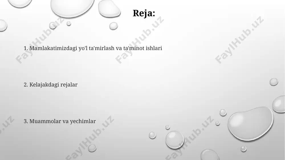 h ishlarini moliyalashtirishda muhim rol o'ynaydi, yillik hajmi 10-20 million aqsh dollarini tashkil etadi. yo'l ta'mirlash va texnik xizmat ko'rsatishning hozirgi ahvoli yo'l ta'mirlash ishlarida zamonaviy texnologiyalar va jihozlarning qo'llanilishi 20% ga oshgan, natijada ta'mirlash sifatini yaxshilashga va xarajatlarni kamaytirishga erishilgan. o'zbekistonda yo'l ta'mirlash va texnik xizmat ko'rsatishga davlat byudjetidan har yili o'rtacha 2 trillion so'm mablag' ajratiladi, bu yo'l infratuzilmasini rivojlantirishga qaratilgan. mamlakatimiz yo'llarining 70% dan ortig'i asfalt betondan iborat bo'lib, ularning o'rtacha umr ko'rish muddati 8-10 yilni tashkil etadi va muntazam ta'mir talab qiladi. muammolar va kamchiliklar malakali mutaxassislar etishmovchiligi va ularning kam tajribaliligi loyihalarning sifatiga salbiy ta'sir ko'rsatmoqda, bu ham 20% gacha yo'l ta'mirlash ishlarining qayta ishlanishiga olib keladi. yo'l ta'mirlashdagi moliyaviy mablag'lar etishmovchiligi, yillik byudjetning atigi 30%igacha ta'mirlashga ajratilishi, natijada ko'plab yo'llarning vaqtida ta'mirlanmasligiga olib kelmoqda. zamonaviy texnologiyalar va asbob-uskunalarning etishmovchiligi tufayli, ta'mirlash ishlarining samaradorligi pasayib, o'rtacha 15% gacha vaqt yo'qotiladi va xarajatlar ortadi. e'tiboringiz uchun …