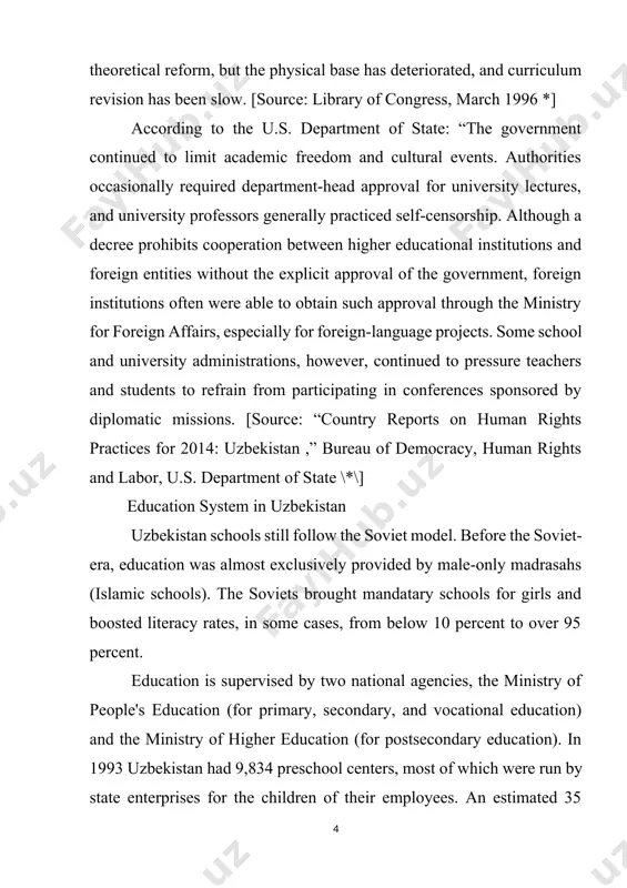ic schools). the soviets brought mandatary schools for girls and boosted literacy rates, in some cases, from below 10 percent to over 95 percent. education is supervised by two national agencies, the ministry of people's education (for primary, secondary, and vocational education) and the ministry of higher education (for postsecondary education). in 1993 uzbekistan had 9,834 preschool centers, most of which were run by state enterprises for the children of their employees. an estimated 35 percent of children ages one to six attend such schools, but few rural areas have access to preschools. [source: library of congress, march 1996 *] in the early 1990s, enterprises began closing schools or transferring them to direct administration of the ministry of people's education. a modest government construction program adds about 50,000 new places annually--a rate that falls far short of demand. although experts rate most of uzbekistan's preschools as being in poor condition, …