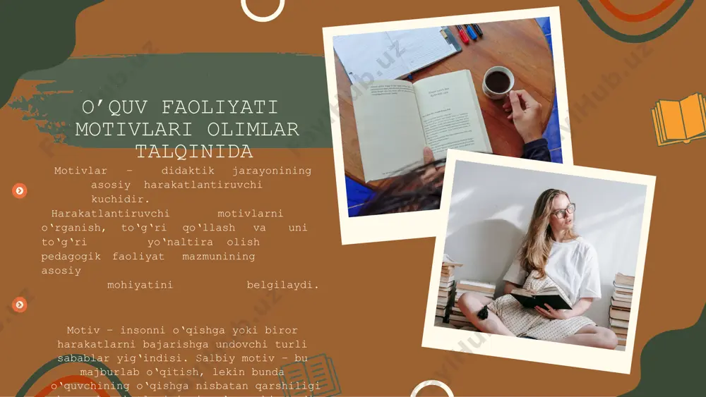 o‘quv jarayonini u yoki bu qo‘zg‘atuvchiga (stimulga) javob reaksiyasining holati bilan bog‘liqligini, ya'ni ushbu reaksiya hamda vaziyat o‘rtasidagi ma'lum aloqani o‘rnatish bilan izohlanishini aytib o‘tadi. motivlar ehtiyojga undaydigan stimulga asosan tashqi va ichki motivlarga ajratiladi. shaxsning axloqiyligi, yo‘nalganligiga bog‘liq ravishda: shaxsiy va jamoa motivlari, g‘oyaviy va axloqiy motivlarni ajratish mumkin. shunday qilib, ko‘p hollarda motivlar faoliyatga undovchi kuch sifatida baholanadi. motivlarni tasniflashda keng tarqalgan yo‘nalish bu - vaqtni hisobga olishdir. unga ko‘ra: vaziyatli va doimiy namoyon bo‘luvchi motivlarni, qisqa muddatli va barqaror motivlarni ajratish mumkin. rimberio co ta'limda motivlarni rivojlantirish a.a.fayzullaev motivatsion jarayonni bosqichma-bosqich tahlil qiladi. bu bosqichlar quyidagilar: 1- qo‘zg‘alishning anglanishi; 2 – motivning qabul qilinishi; 3 – motivning hayotga tatbiq qilinishi; 4 – motivning mustahkamlanishi; 5 - qo‘zg‘alishning faollashuvi. learn more v.a.tokarevaning tadqiqotlarida o‘quvchilar o‘quv faoliyati motivlarini o‘rganishga katta e'tibor beriladi. uning fikricha, o‘qish motivlari o‘zgarishi uchun yasama vaziyat va sharoitlar zarur emas, bularning barchasi kundalik hayotda va …