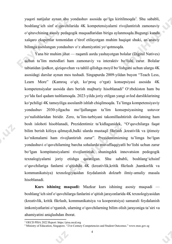 da shakllanadigan ko‘nikmalarni chuqur o‘rganish, har bir komponent — kreativlik, tanqidiy fikrlash, kommunikatsiya va hamkorlikning o‘quv jarayonidagi rolini tahlil qilishdan iborat. shuningdek, bu texnologiyalarni dars jarayonida qanday tatbiq etish mumkinligini aniqlash, o‘qituvchilarning tajribalarini tahlil qilish va 4k texnologiyasi asosida tuzilgan metodik tavsiyalarni ishlab chiqish ham kurs ishining asosiy vazifalaridan biridir. bundan tashqari, o‘quvchilarning ijodiy fikrlashini rag‘batlantirish, ularni jamoaviy ishlashga yo‘naltirish hamda darslarda interfaol metodlar orqali 4k elementlarini samarali qo‘llash imkoniyatlarini ochib berish ushbu ish doirasida bajarilishi lozim bo‘lgan vazifalar sirasiga kiradi. kurs ishining predmeti: boshlang‘ich ta’lim jarayonida 4k texnologiyasi elementlarini (kreativlik, tanqidiy fikrlash, kommunikatsiya va hamkorlik) o‘qituvchilik faoliyatida samarali qo‘llashning nazariy asoslari va amaliy yo‘llaridir. kurs ishining tuzilishi: kirish 3 bob, xulosa, foydalanilgan adabiyotlar ro‘yxati, foydalanilgan saytlar ro‘yxatidan iborat. asosiy qism 1. ”4k” texnalogiyasining mohiyati, tarkibiy qismlari (kreativlik, kritik fikrlash, hamkorlik, kommunikatsiya) va uning zamonaviy ta’limdagi o‘rni xxi asrda ta’lim tizimi oldida yangi vazifalar turibdi: o‘quvchilarni nafaqat bilimli, balki mustaqil …