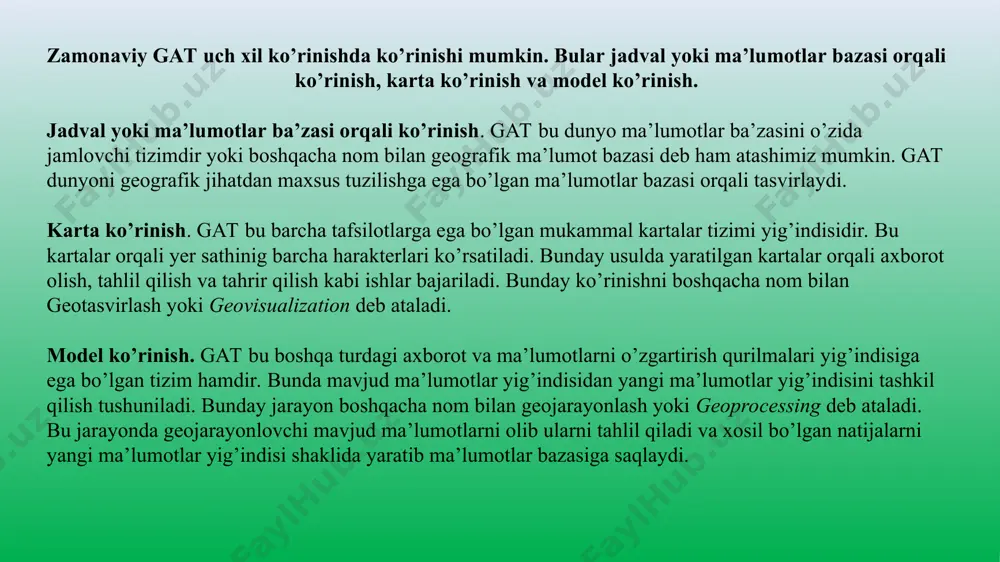 da obyektning manzili, koordinatasi boshqa geografik ma’lumotlarni timsollar orqali raqamli kartada tasvirlash jarayoni. obyektlar bo’yicha geokodlash yaratilayotgan obyektlarning mavjud boshqa obyektlarga bog’lash usuliga asoslangan. bunday uslub agar geokodlanayotgan jadvalda foydalanuvchiga qiziq bo’lgan obyektlar (do’kon, xizmat ko’rsatish shahobchalari). bunday geokodlashda uslubida shaharning batafsil plani yetarli bo’ladi va bu planda barcha bino va inshootlar manzillari bilan birga ko’rsatilgan bo’lishi kerak. o’shandagina izlanayotgan obyektni topish aniqligi yuqori bo’ladi. manzilli (adresli) geokodlash uslubi yaratilayotgan obyektning joylashuvini berilgan chiziqli obyektga nisbatan taxminiy hisoblashga asoslangan. misollar bilan tushuntiradigan bo’lsak har bir shahar plani albatta tumanlarga bo’lingan, masalan toshkent shahri misolida dahalarga bo’lingan va har bir dahani ichida bino inshootlarga bo’lingan. mana shu bino va inshootlarga raqam berilgan. geokodlash jarayonida oson bo’lishi uchun albatta raqamlarni belgilashda ketma - ketlikka ahamiyat beriladi va bu bizga mantiqiy jihatdan qaysi bino daxa (kvartal) ning qaysi tarafida joylashganligini aniqlash imkonini beradi. koordinatali geokodlash uslubi tanlanganida geokodlanayotgan jadvalning ikki maydonida x va …