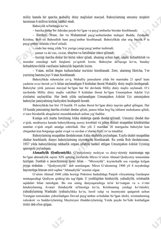 sifatida ko‘rsatdilar. yadh to‘riga ko‘proq yoshlar ilindilar. yadh qat’iy ta’limotga ega bo‘lmagan tashkilot bo‘lib, uning faoliyati lider roli bilan belgilangan. liderlar an’anaviy diniy qadriyatlarga qarshi tashviqot ishlarini olib borganlar. diniy hayot maxsus ishlab chiqilgan tartib qoida va nizomlar orqali amalga oshirilgan. yadhlarning ba’zilari dunyoning turli burchaklarida o‘z bo‘linmalariga ega bo‘lgan, biznes bilan shug‘ullanuvchi yirik xalqaro korporatsiyalarga aylandi. yadhlar meditatsiya amaliyotini keng qo‘llaydilar, tashkiliy jihatdan piramida shaklida boshqariladi. yadhlarning aksariyati noqonuniy faoliyat yurituvchi, kriminal tashkilotlardir. (aum sinrikyo (tokio metrosi 10/5000 zah.), quyosh ehromi (fransiya va kanada) va b.). diniy ta’limotlarni buzib talqin qiluvchi harakatlarga: protestantlarning “ikkilamchi” birlashmalari – iogov shohidlari, oxirgi kun avliyolari iso masih cherkovi (mormonlar), masih serkovi (boston harakati); soxta xristian harakatlar – mun birlashtirish cherkovi, vissarion oxirgi ahdi cherkovi, oq birodarlar; sayentalogik kultlar – xristian ilmi, ron xabbard sayentologiya markazi, kloneyd, oq ekologlar harakati; neo- va kvaziorientalistik maktablar va kultlar – “tirik axloq”(agni yoga), krishnani anglash jamiyati, transsendental …