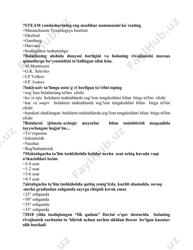 tyabrda ?maktabgacha ta’lim tashkilotlari necha turga bo’linadi + 3 turga = 4 turga = 2 turga = 5 turga ?seminar – bu… + amaliyot = laboratoriya = yozma ish = og’zaki savol javob ?model – bu… + lotincha - me'yor, namuna - = hodisa yoki jarayonning tabiat va jamiyatdagi o’rni = hodisa yoki jarayonning tabiat va jamiyatdagi ko’rinishi = ingliz til. ko’rinishi, o’rni ?mudira kim + maktabgacha ta’lim tashkilotining tashkilotchisi, boshqaruvchisi = metodist uslubiyotchi = tarbiyachi = ta’lim vazirligi vakili ?mtt guruhlarida qanchadan bola bo’lishi kerak + 30 nafar = 35 nafar = 40 nafar = 25 nafar ?bolalar qisqa vaqt bo’ladigan guruhlarda qanchadan bola bo’lishi kerak + 30 nafar = 35 nafar = 40 nafar = 25 nafar ?turli yoshdagi guruhlarda qanchadan bola bo’lishi kerak + 25 nafar = 35 nafar = 40 nafar = 25 nafar ?bolalar kechayu kunduz bo’ladigan guruhlarda qanchadan bola bo’lishi kerak + ko’pi bilan …