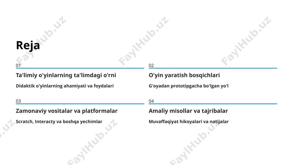 hi, bilim darajasi va qiziqishlarni hisobga oling o'yin turini tanlash raqamli, stol o'yini yoki kartalar o'yinini tanlang va mexanikasini belgilang kontentni o'yin ichiga integratsiya qilish o'quv materialini moslashtirish mavzular va bilimlarni o'yin jarayoniga organik tarzda kiritish muhimdir. bu jarayon quyidagilarni o'z ichiga oladi: darslik materiallarini o'yin elementlariga aylantirish savollar va topshiriqlarni qiziqarli formatda taqdim etish bilimlarni amaliy qo'llash imkoniyatlarini yaratish o'yin davomida doimiy o'rganish jarayonini ta'minlash muvozanatli integratsiya o'yin va ta'limning uyg'unligini ta'minlaydi. prototip yaratish va sinovdan o'tkazish 1 prototip ishlab chiqish oddiy versiyani yaratish va asosiy funksionallikni sinash 2 o'quvchilar bilan sinov maqsadli auditoriya bilan test o'tkazish va reaktsiyalarni o'rganish 3 fikr-mulohazalar yig'ish o'qituvchi va o'quvchilardan taklif va sharhlar olish 4 takomillashtirish olingan fikrlar asosida o'yinni yaxshilash va yakuniy versiyani tayyorlash "sinov – mukammallikka olib boruvchi yo'l" muvaffaqiyatli ta'limiy o'yin yaratish uchun sinov bosqichi juda muhim. bu bosqichda o'quvchilarning haqiqiy reaktsiyalari va ehtiyojlari aniqlanadi. 3-bob zamonaviy vositalar va platformalar …