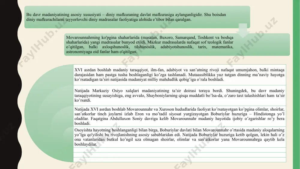 oniylar)ning pirlari, hukmdorlar esa ularning muridlari hisoblangan. davlatni boshqarishda buxoro yaqinidagi juybor qishlog’ida istiqomat qiluvchi muhammad islom jaloliddin kosoniy (mahmudi a’zam nomi bilan mashhur bo’lgan), hoji muhammadamin, hoji hoshimiy, abu rahim, tojiddin hasan, xoja saad; samarqandda istiqomat qilib jamiyat ma’naviy hayotida muhim rol o’ynagan xoja ahror valiy (asli toshkentda tug’ilgan) va uning nabirasi bakirxo’jalar; xv asrning 80-yillarida movarounnahrga kelib xoja ahror valiyning izdoshi va muridi bo’lgan mir arab (asli yamanda tug’ilgan va movarounnahrga kelib, turkistondagi sayram shahrida yashagan) abdulloh at-arabi al-yamanlilar katta ta’sir kuchiga ega bo’lganlar. falsafiy tafakkur va tarix fanlari rivoji. bu davr madaniyatining xarakterli jihatlaridan biri o’tmish falsafiy merosini o’rganish, ilmiy-tabiiy bilimlarni o’zlashtirishga bo’lgan qiziqish bilan cheklanganlik, falsafa va adabiyot orqali insonparvarlik g’oyalarini ilgari surish bo’lgan. shayboniylar va ashtarxoniylar davri madaniyatining yana bir muhim xususiyati tarixnavislik fanining rivojlanganligidir. buning boisi, birinchidan, millatning shakllanish jarayoni, milliy o’zlikni anglashga, ikkinchidan, o’zi mansub bo’lgan xalq, elat yoki urug'ning kelib chiqishi, ularning …