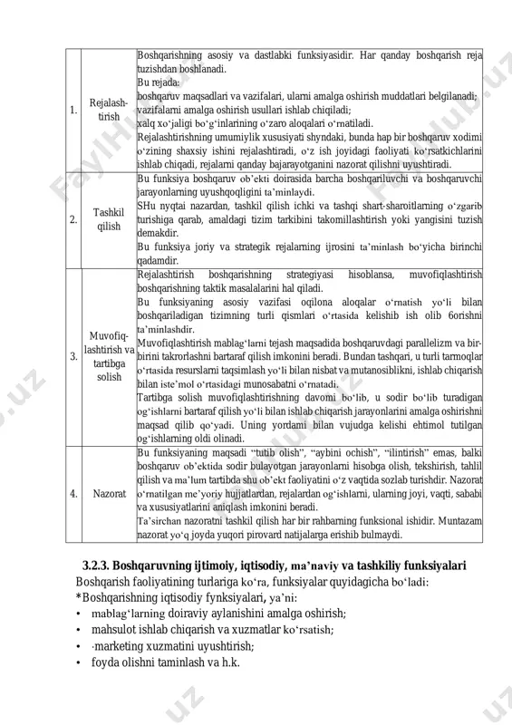 a birinchi qadamdir. 3. muvofiq- lashtirish va tartibga solish rejalashtirish boshqarishning strategiyasi hisoblansa, muvofiqlashtirish boshqarishning taktik masalalarini hal qiladi. bu funksiyaning asosiy vazifasi oqilona aloqalar o‘rnatish yo‘li bilan boshqariladigan tizimning turli qismlari o‘rtasida kelishib ish olib 6orishni ta’minlashdir. muvofiqlashtirish mablag‘larni tejash maqsadida boshqaruvdagi parallelizm va bir- birini takrorlashni bartaraf qilish imkonini beradi. bundan tashqari, u turli tarmoqlar o‘rtasida resurslarni taqsimlash yo‘li bilan nisbat va mutanosiblikni, ishlab chiqarish bilan iste’mol o‘rtasidagi munosabatni o‘rnatadi. tartibga solish muvofiqlashtirishning davomi bo‘lib, u sodir bo‘lib turadigan og‘ishlarni bartaraf qilish yo‘li bilan ishlab chiqarish jarayonlarini amalga oshirishni maqsad qilib qo‘yadi. uning yordami bilan vujudga kelishi ehtimol tutilgan og‘ishlarning oldi olinadi. 4. nazorat bu funksiyaning maqsadi “tutib olish”, “aybini ochish”, “ilintirish” emas, balki boshqaruv ob’ektida sodir bulayotgan jarayonlarni hisobga olish, tekshirish, tahlil qilish va ma’lum tartibda shu ob’ekt faoliyatini o‘z vaqtida sozlab turishdir. nazorat o‘rnatilgan me’yoriy hujjatlardan, rejalardan og‘ishlarni, ularning joyi, vaqti, sababi va xususiyatlarini aniqlash imkonini …