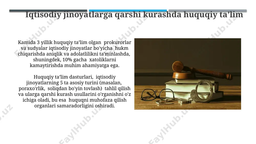 chun xalqaro huquq sohasida 5 yillik tajribaga ega bo'lgan mutaxassislar sonini 2 barobarga oshirish zarur, bu esa sifatli huquqiy ta'limni talab qiladi. muammoni hal qilishda huquqiy bilimlarni qo'llash huquqiy bilimlar muammolarni hal qilishda 30% ga samaradorlikni oshirishi va sud jarayonlarida 15% ga tezroq natijalarga erishish imkonini beradi, bu esa davlat resurslarini tejaydi. jinoyatlarning oldini olish bo'yicha 2 ta asosiy strategiyaning – profilaktika va jazolash – samaradorligini baholashda huquqiy tahlil va statistik ma’lumotlar muhim ahamiyatga ega. huquqiy ta’limning ahamiyati advokatlar va sudyalar kabi 5000 dan ortiq huquqshunos mutaxassislarni tayyorlash orqali huquqiy tizimning samaradorligini oshiradi va adolatli sudlovni ta’minlaydi. huquqiy ta’lim korrupsiyaga qarshi kurashda muhim vosita bo‘lib, axloqiy va huquqiy normalarni o‘rgatish orqali 10% ga yaqin korrupsion xatti-harakatlarni kamaytirishi mumkin. kelajakdagi tahdidlarga tayyorgarlik global miqyosdagi 30% dan ortiq jinoyatlar transmilliy xarakterga ega bo’lib, xalqaro huquq sohasidagi chuqur bilimlarni talab qiladi. sun’iy intellektning rivojlanishi tufayli, yaqin 10 yil ichida yangi turdagi jinoyatlar paydo …