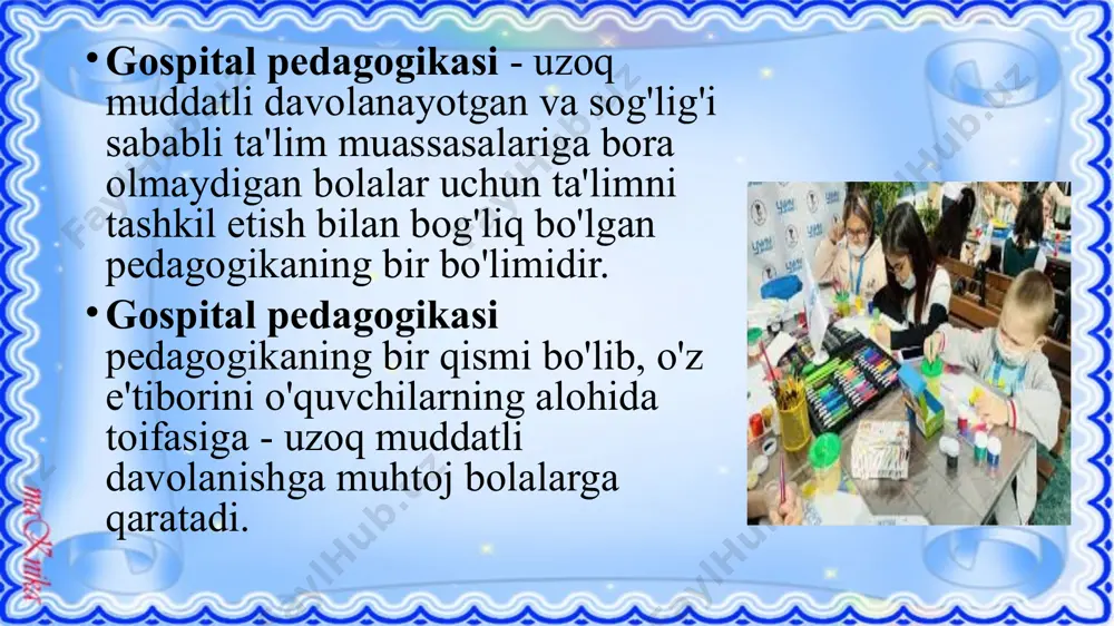 hamda rossiyaning “uchim znayem” maktabi direktori, gospital maktablar loyihasi tashkilotchisi va rahbari sergey sharikov ishtirokida uchrashuv bo’lib o’tdi. tadbir "mehrli maktab” bolalar gematologiyasi, onkologiyasi va klinik immunologiyasi markazida o’tkazilib, unda o’zbekiston va rossiya tomonlaridan mas’ul xodimlar ishtirok etdi. uchrashuvda vazirlik hamda “uchim znayem” gospital maktabi tomonidan “uzoq muddatli davolanayotgan bolalar uchun ta’lim muhitini yaratish” bo’yicha hamkorlik shartnomasi imzolandi. “ikki tomonlama hamkorlikda imzolangan shartnoma maktab tarbiyalanuvchilarining markazda davolanishi, sifatli va qulay ta’lim olishga ko’mak beradi”, - deyiladi xabarda. ma’lumot uchun, hozirda "mehrli maktab" davlat ta’lim muassasasida 81 nafar maktabgacha yoshdagi bolalar va 71 nafar maktab yoshidagi o’quvchilar mavjud. bu yerda o’quv jarayonini tashkil etish uchun alohida o’quv reja tasdiqlangan bo’lib, dars mashg’ulotlari o’zbek va rus tillarida, 12 ta fandan olib boriladi. kelgusida qoraqalpog’iston respublikasi, andijon va farg’onada ham shu kabi gospital maktablar ochilishi rejalashtirilgan) image2.jpg image3.png image4.png image5.png image6.png image7.png image8.png image9.png image10.jpg image11.jpg image1.png